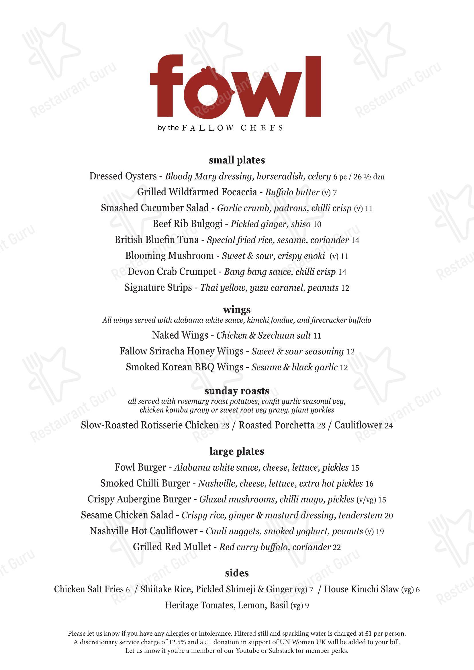 Меню ресторана Fowl by the Fallow Chefs - Dinner Menu