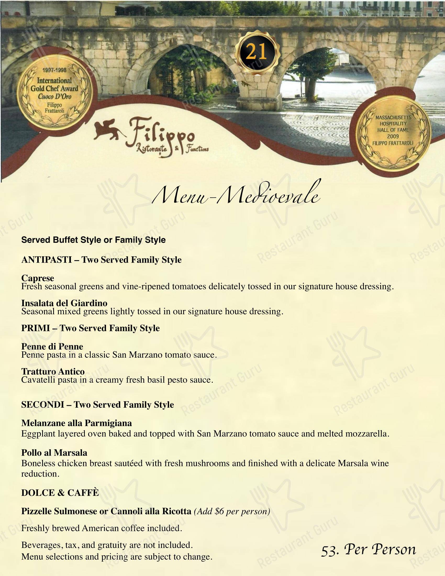 Меню напитков ресторана Filippo Ristorante & Bar в Бостоне