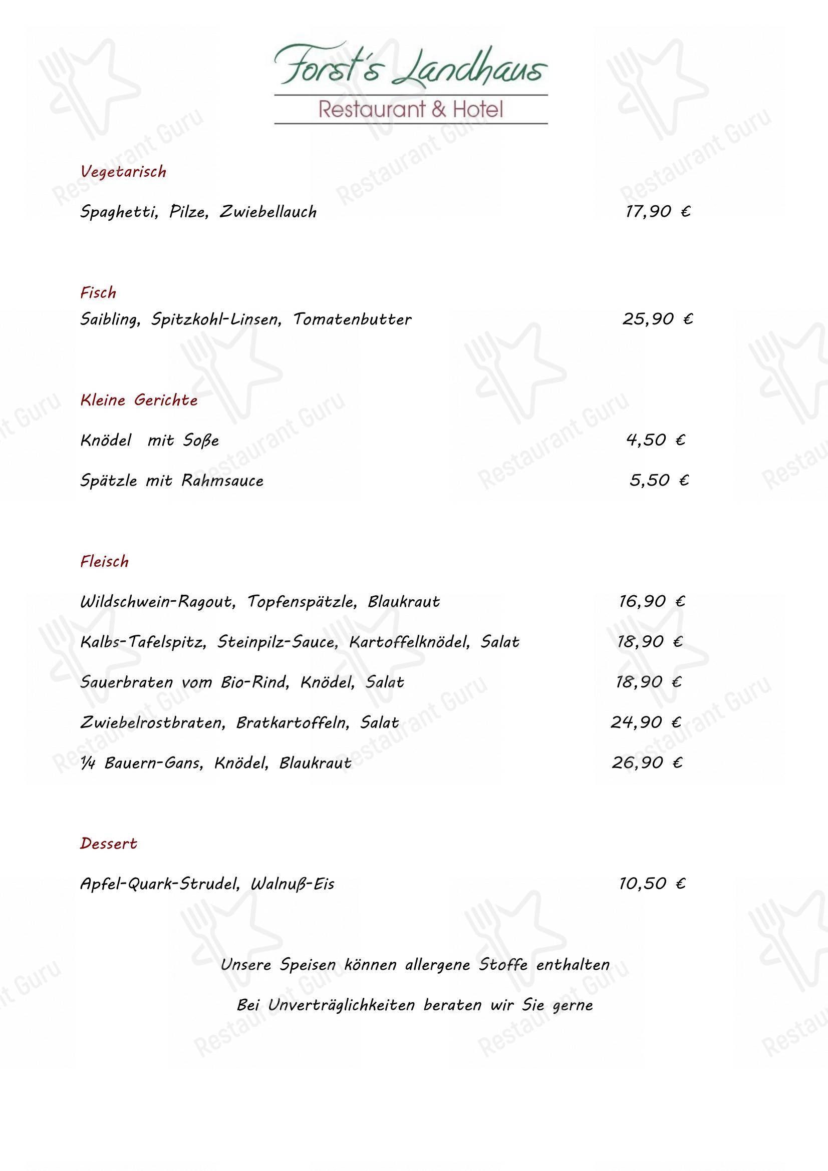 Forst's Landhaus в Риденбурге - Dinner Menu