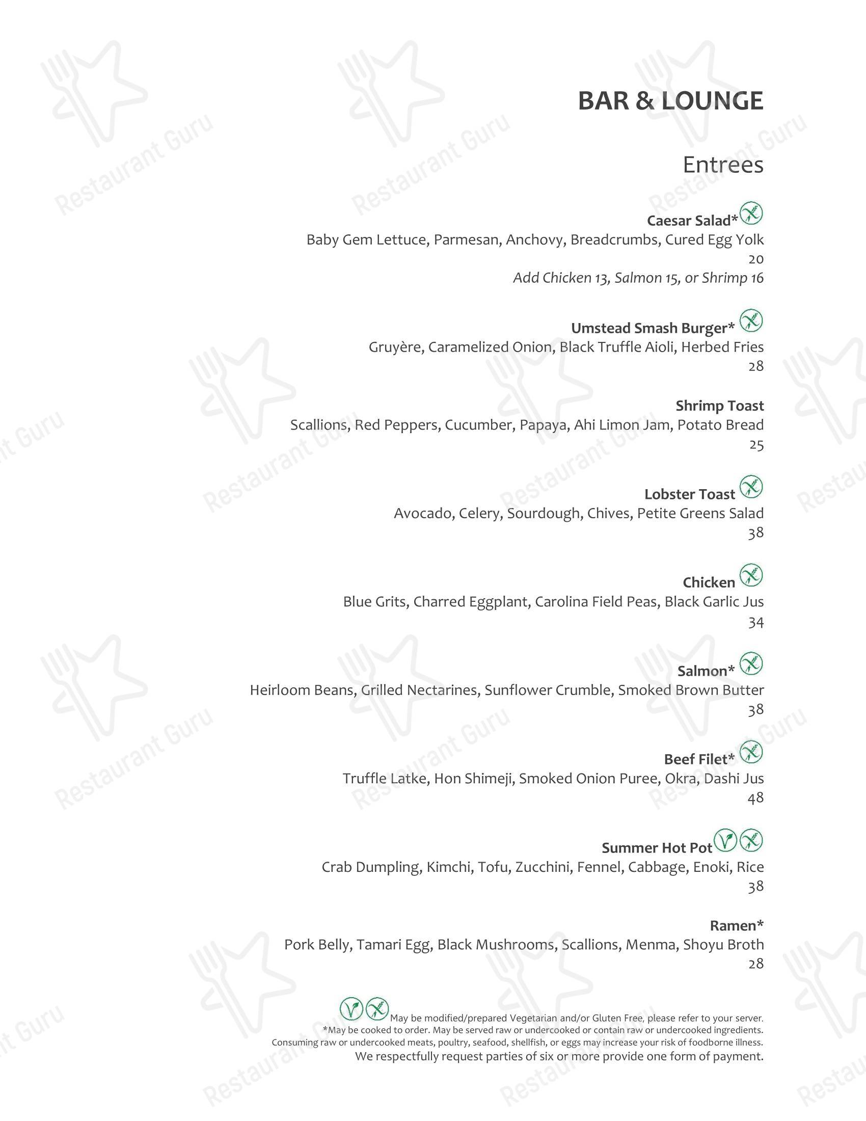 Меню ресторана Herons - Table Menu