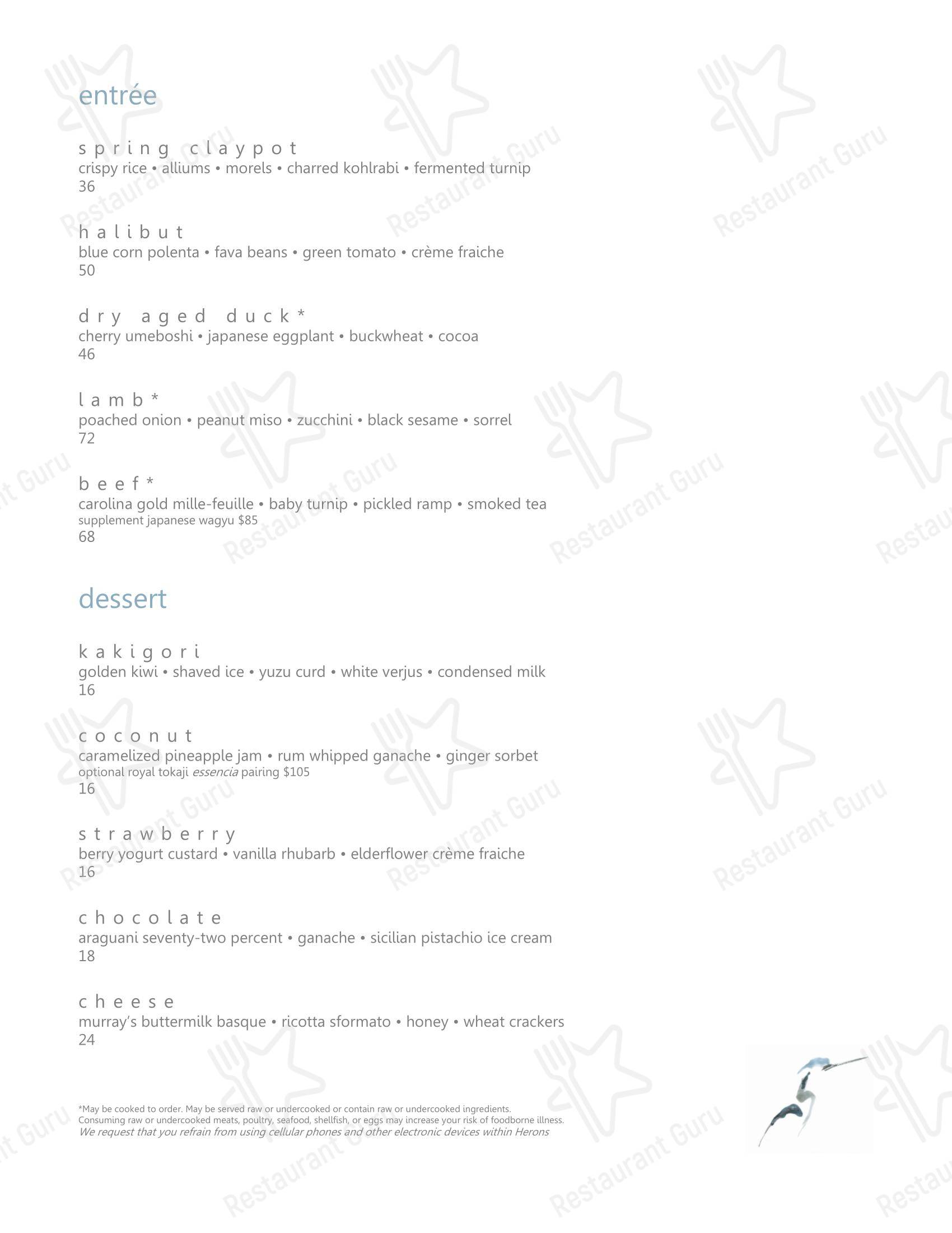 Menu Dinner ресторана Herons