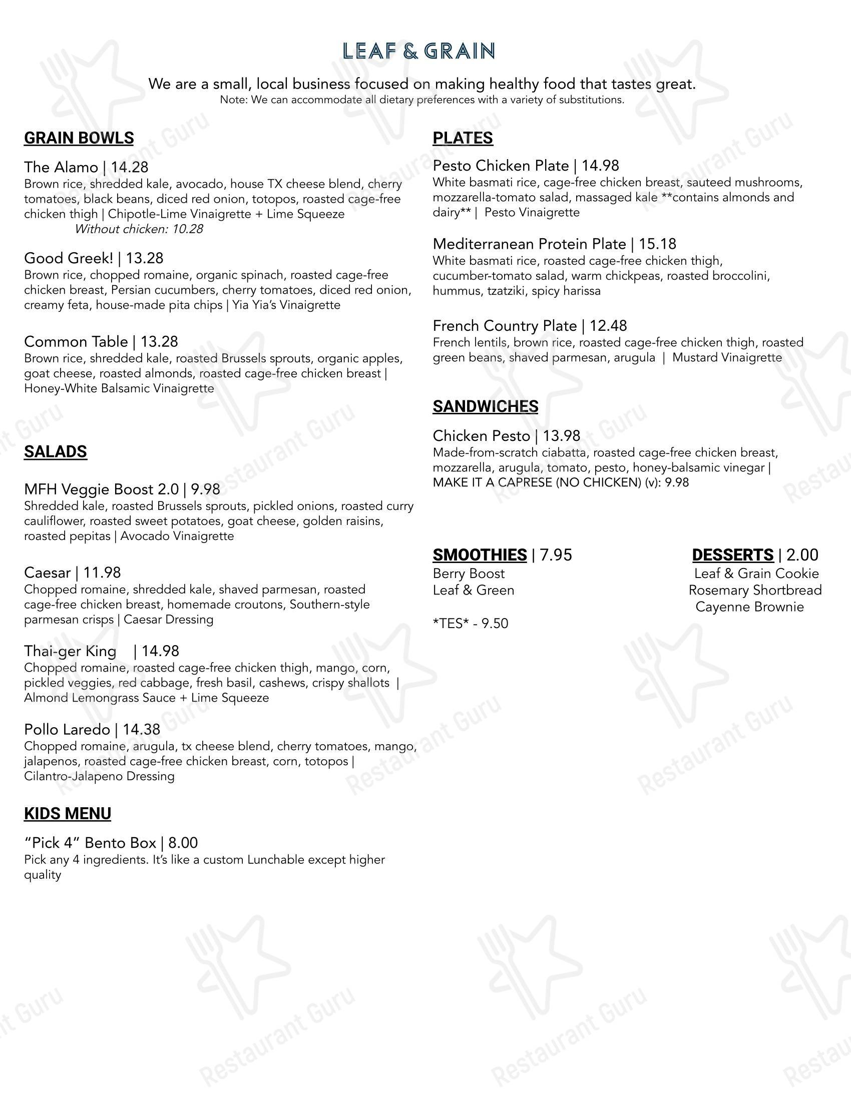 Меню ресторана Leaf & Grain - Lunch Menu