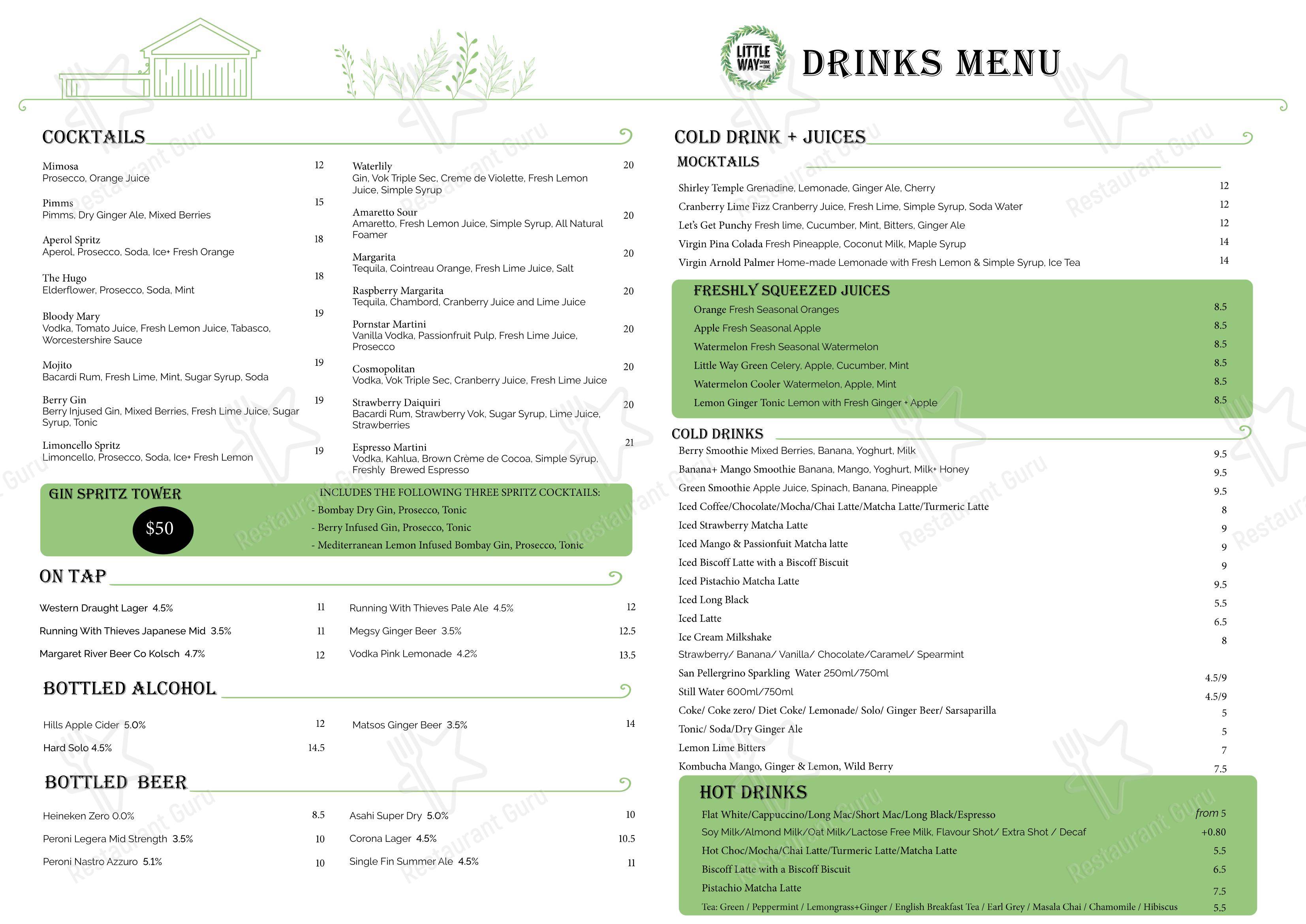Dinner Menu паба и бара Little Way
