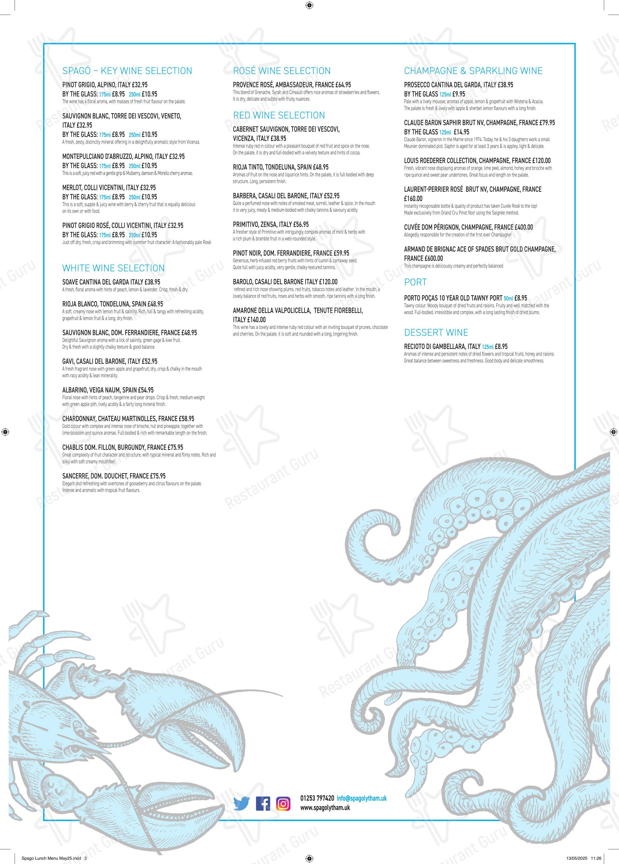 菜单 ресторана Spagó Mediterranean & Seafood Restaurant