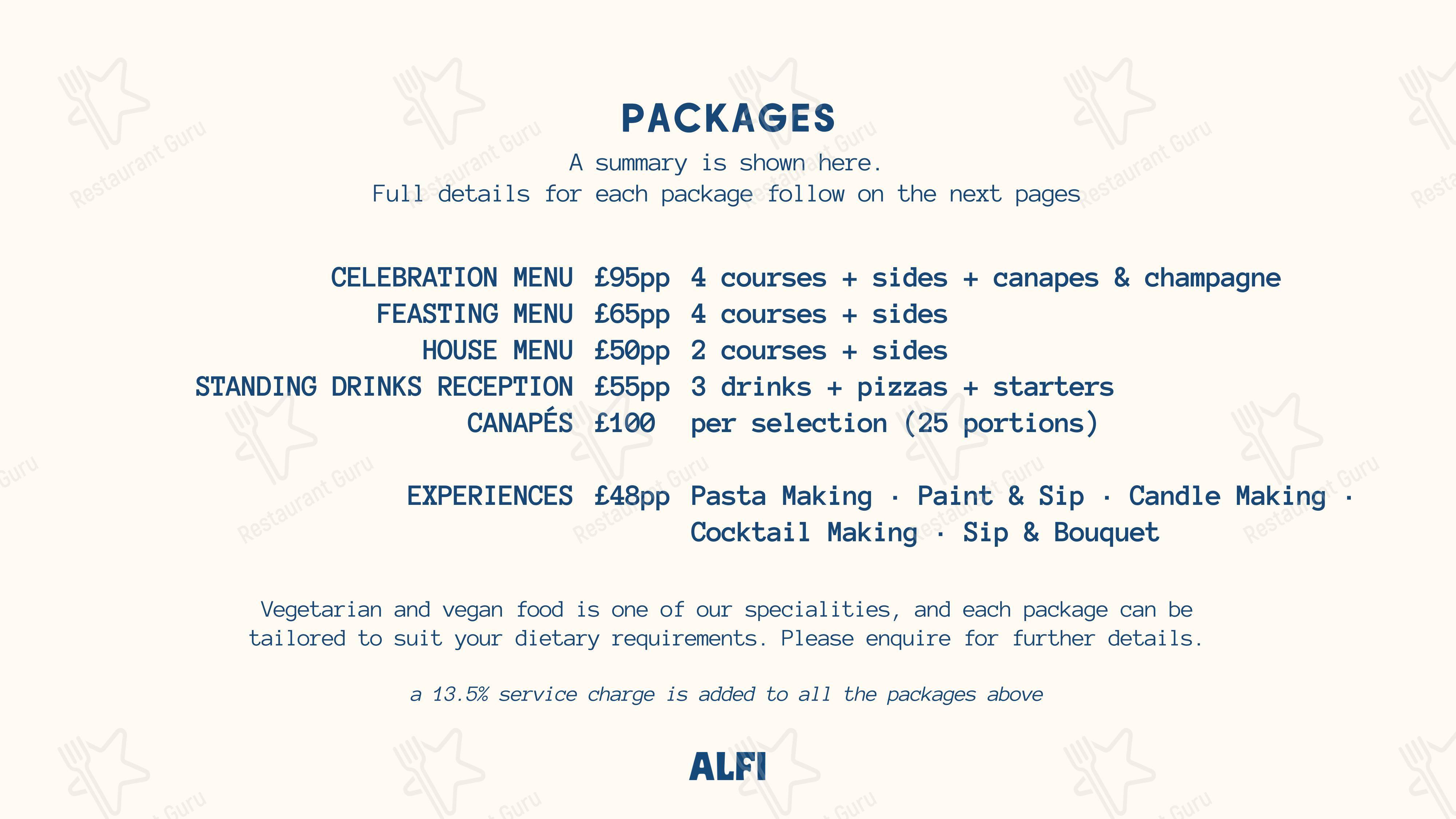 Lunch Menu ресторана ALFI Bar в Лондоне