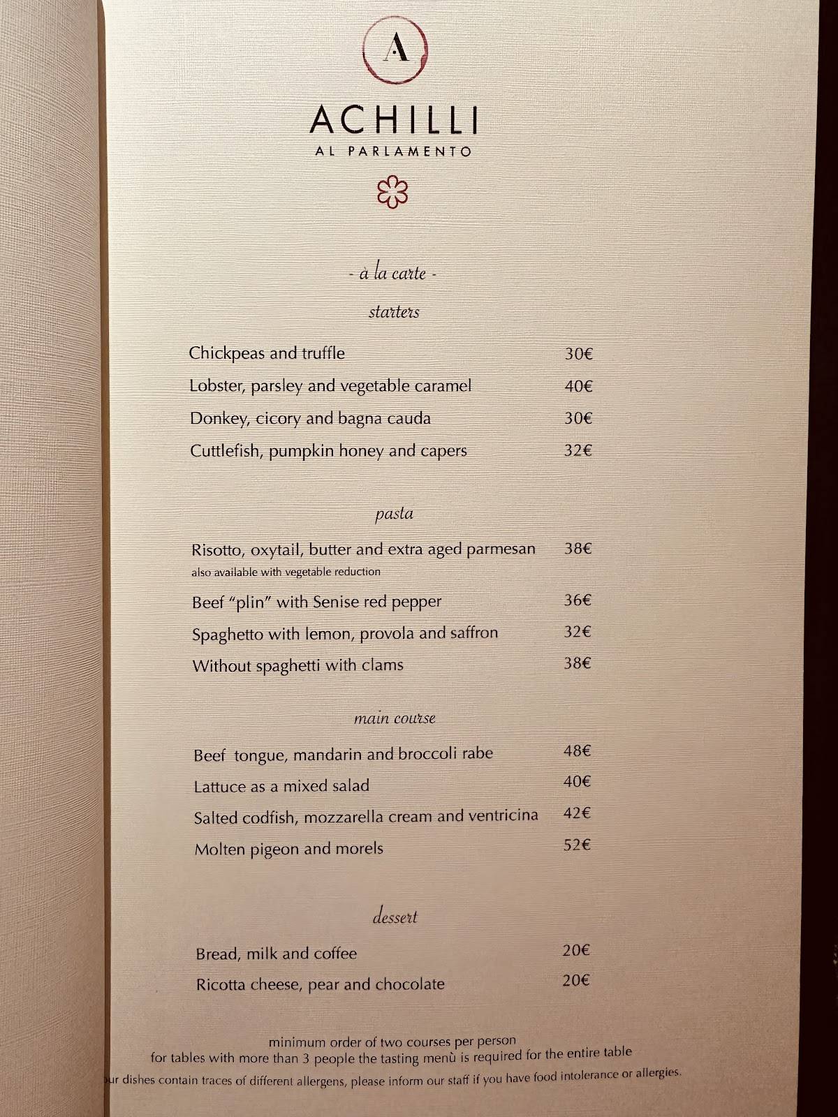 Achilli al Parlamento Ristorante Enoteca меню