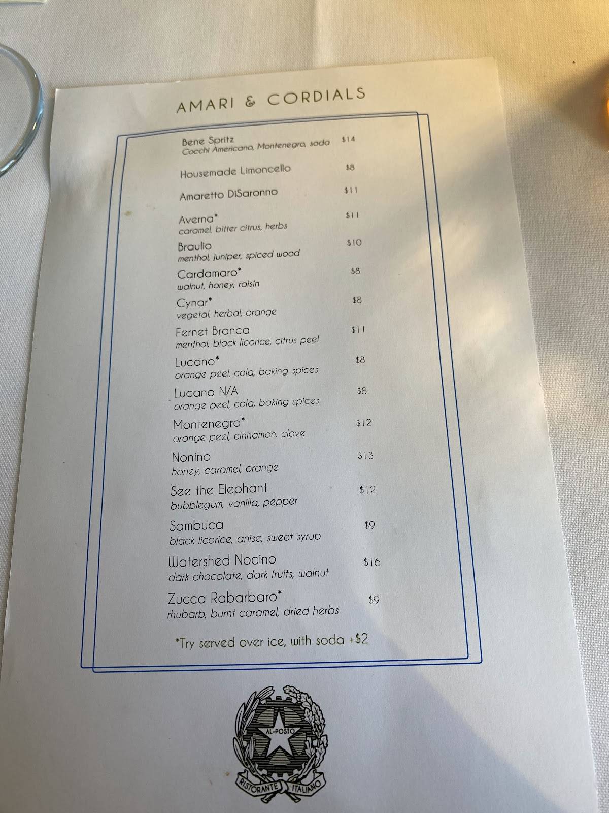 Al-Posto Italian Ristorante меню