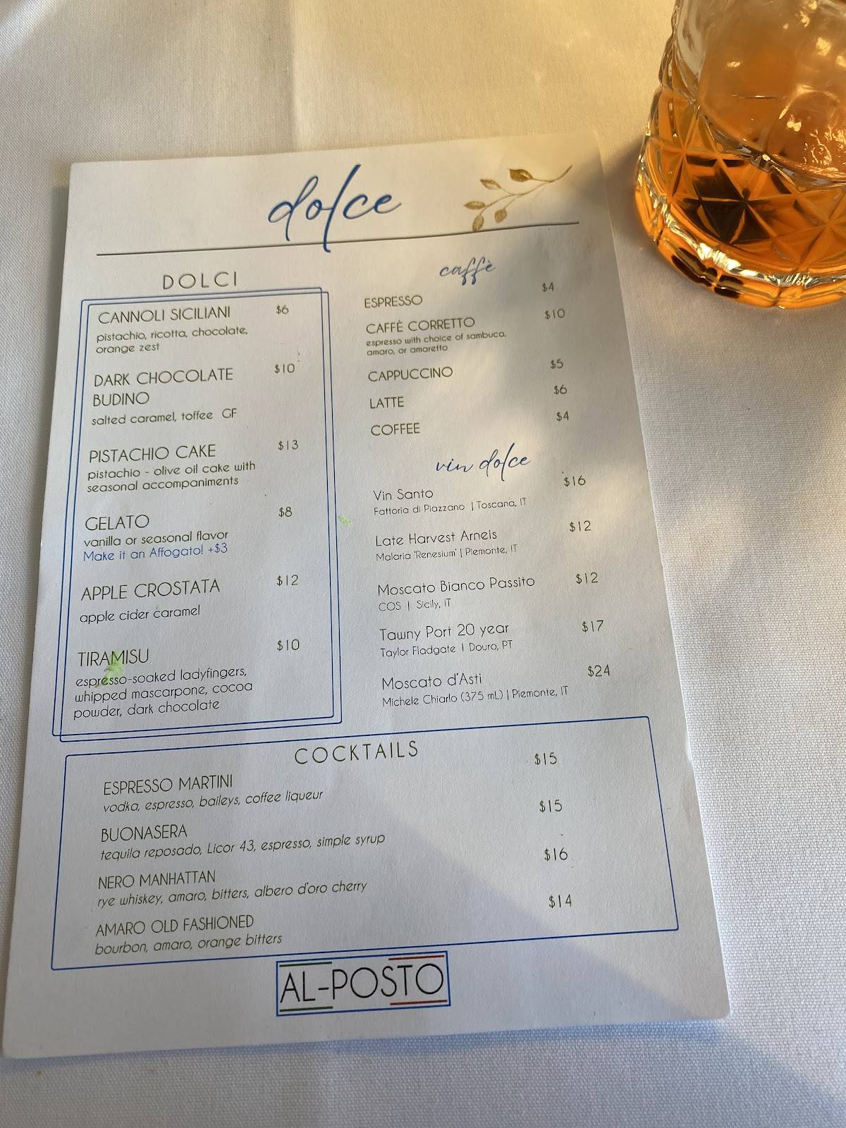 Al-Posto Italian Ristorante меню