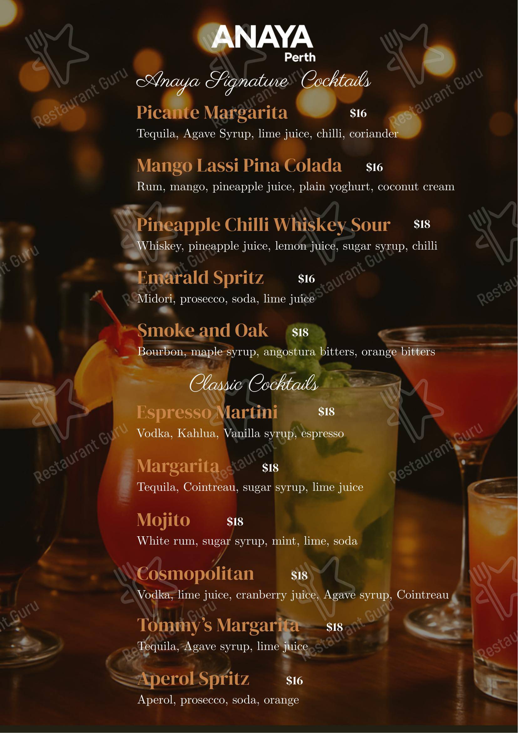 Меню напитков кафе Anaya Perth Bar and Cafe в Перте