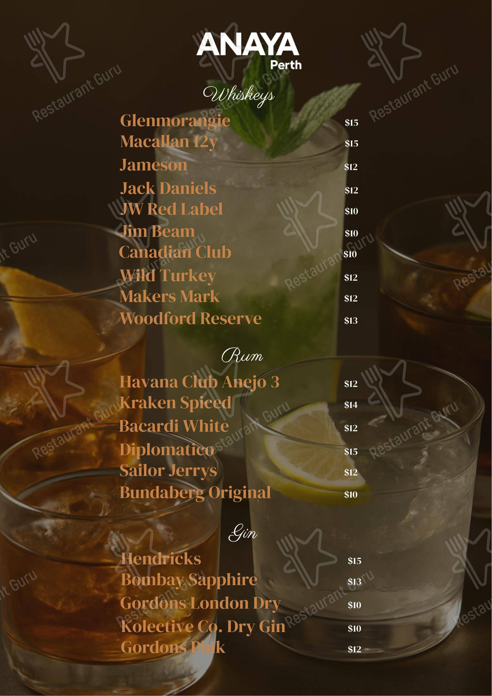 Меню кафе Anaya Perth Bar and Cafe - Меню напитков