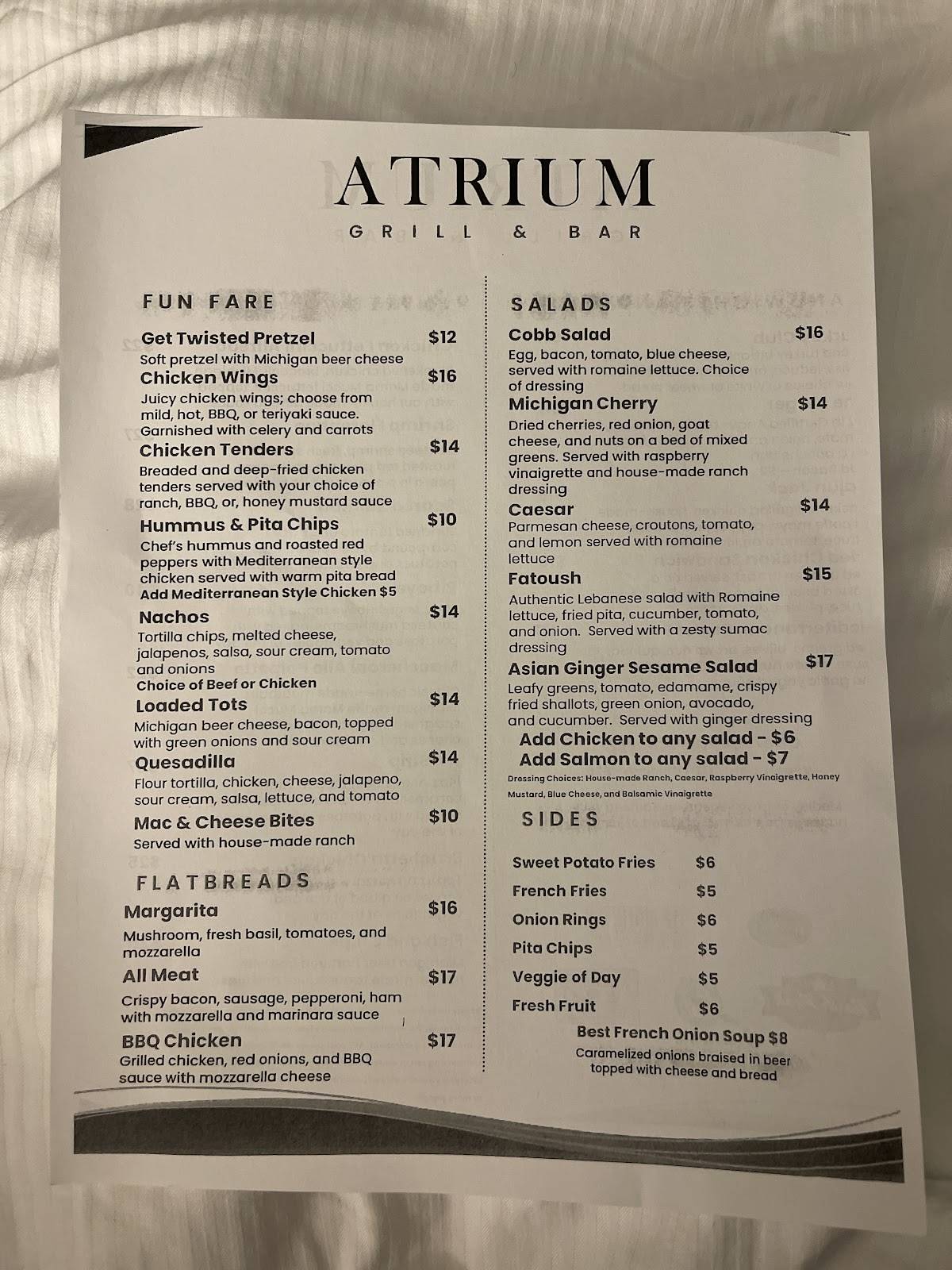 Atrium Grill & Bar меню