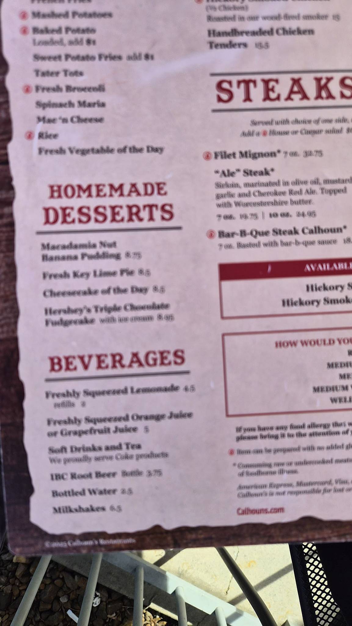 Calhoun's меню