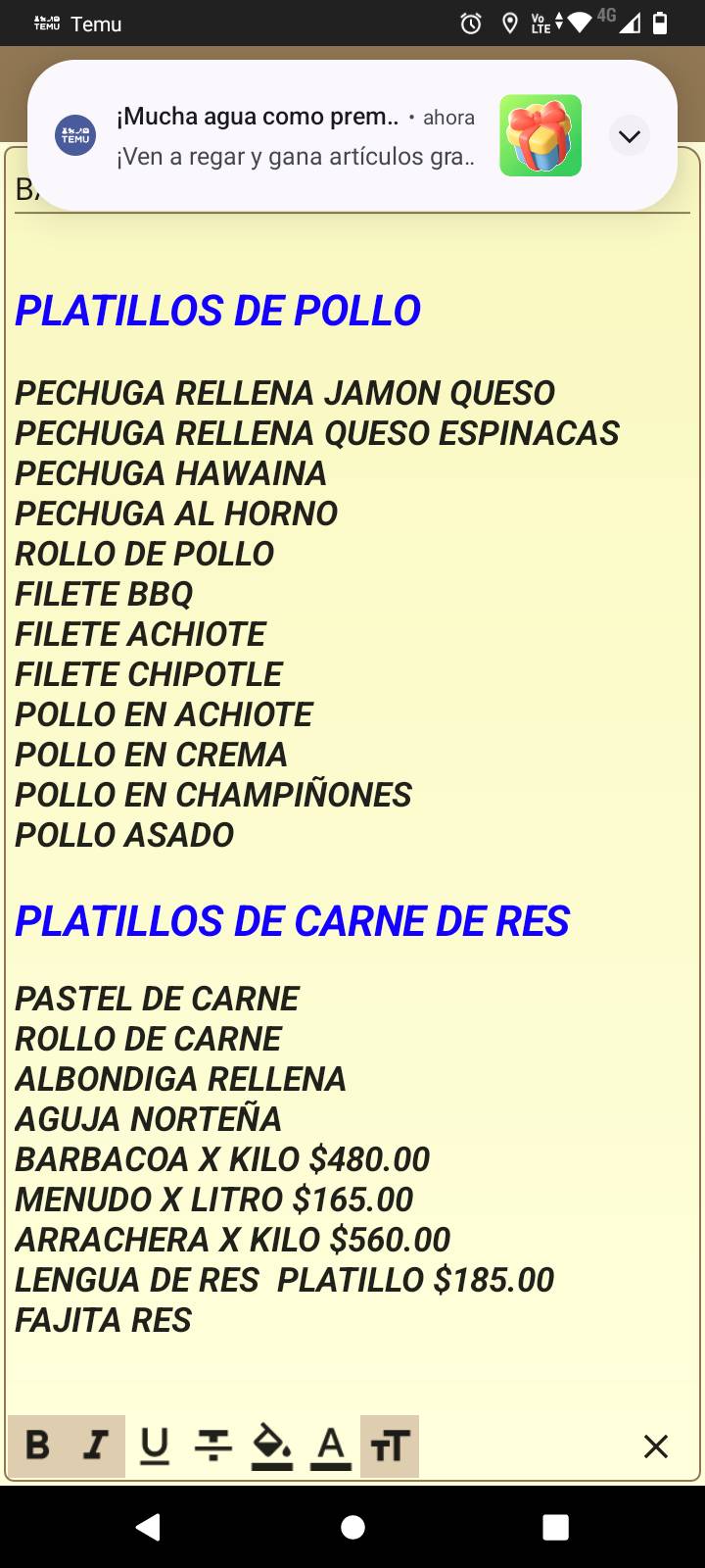Banquetes RCH меню