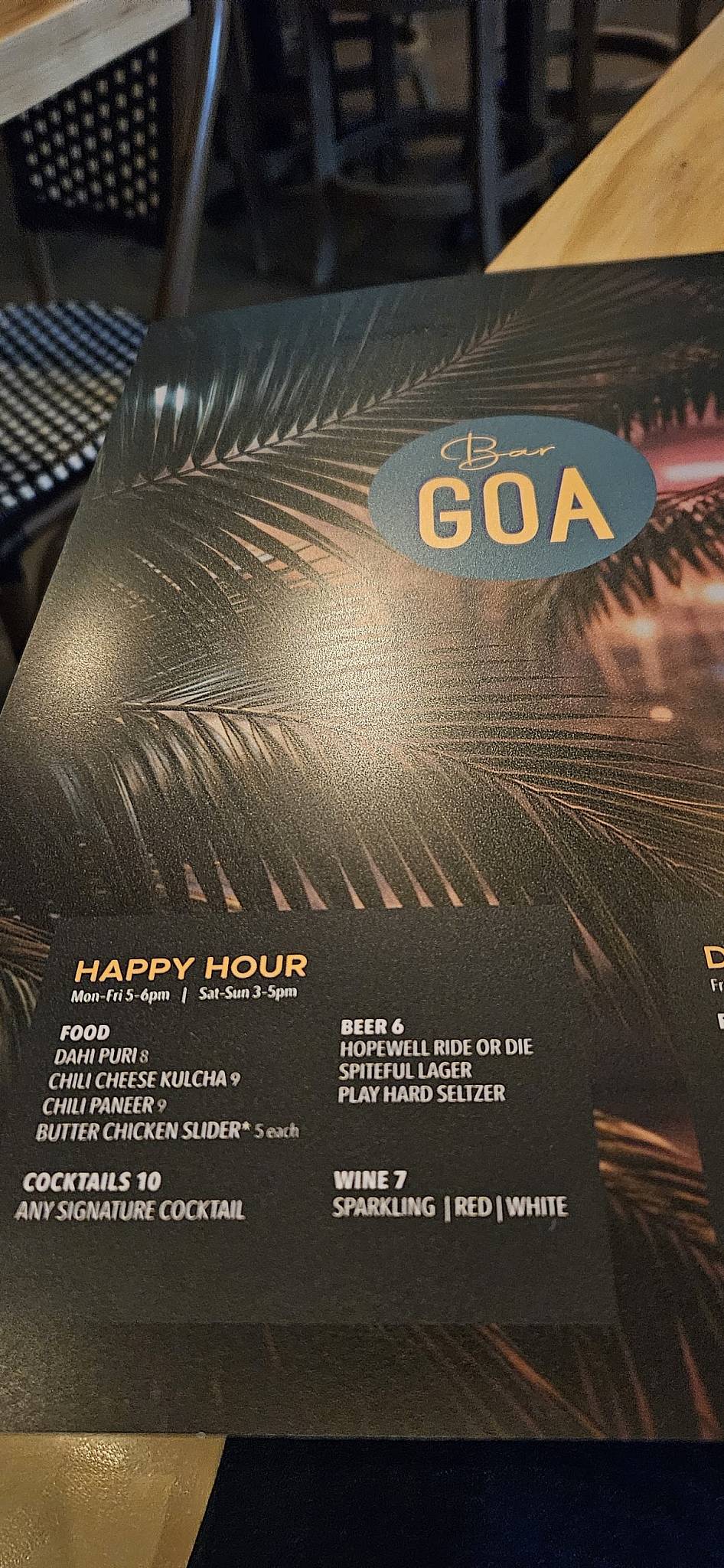 Bar Goa меню