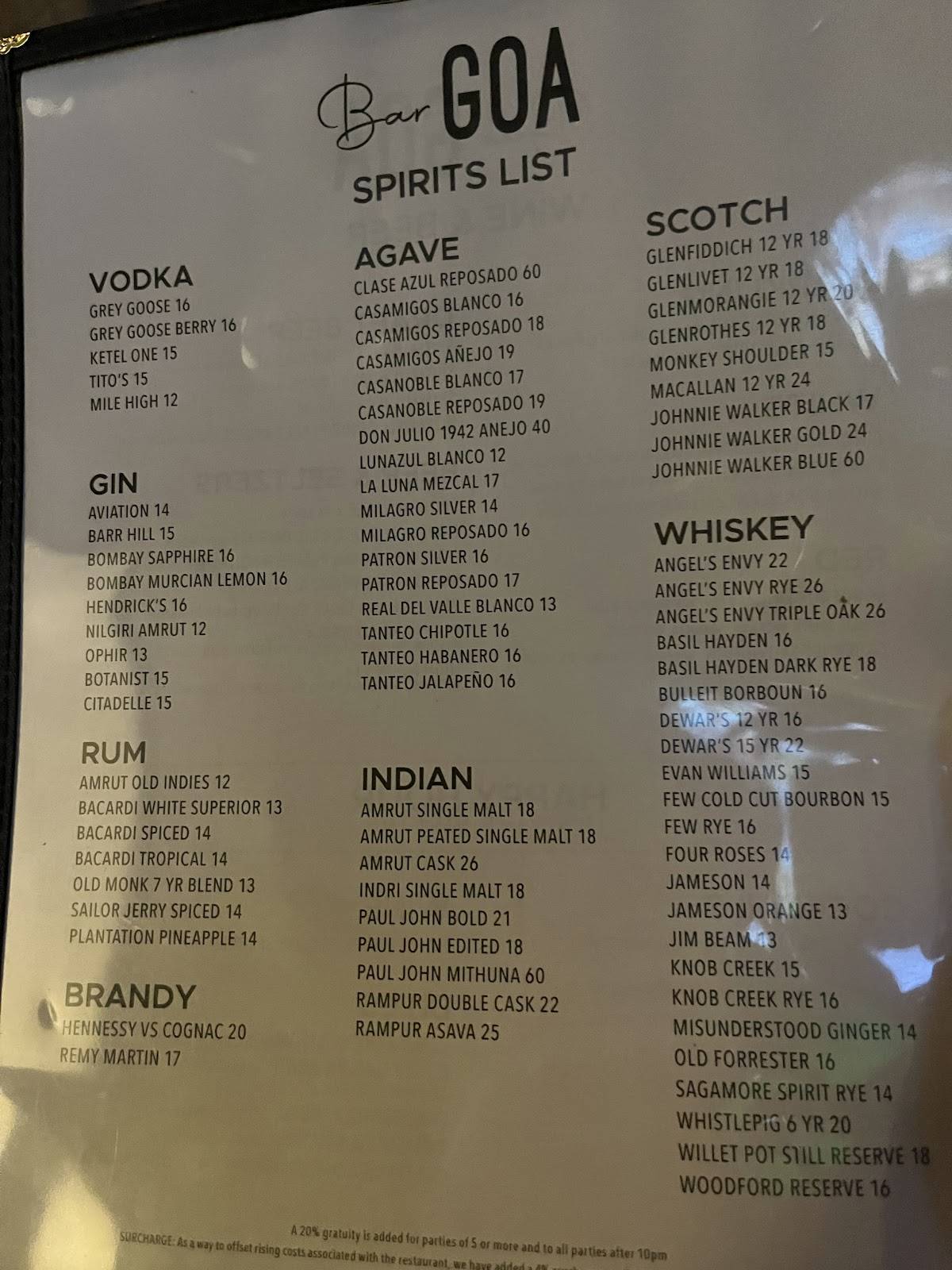Bar Goa меню