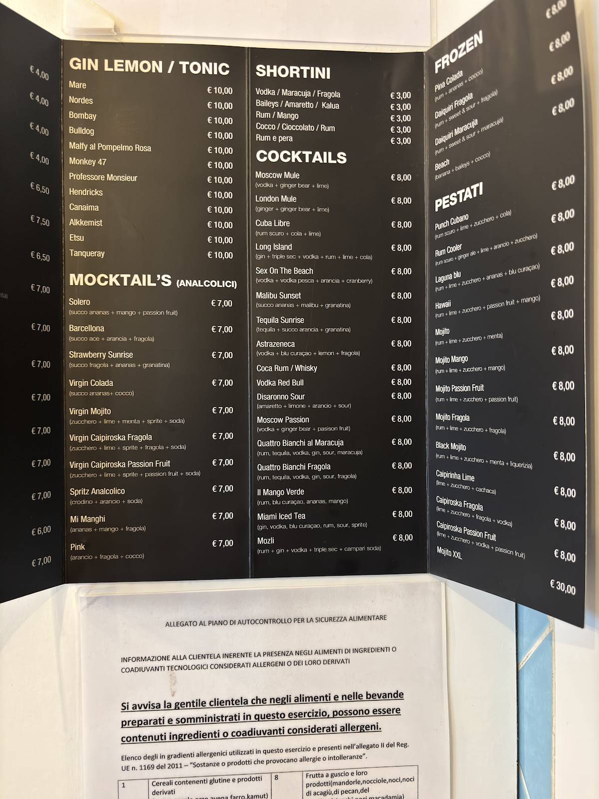 Bar Mozli меню