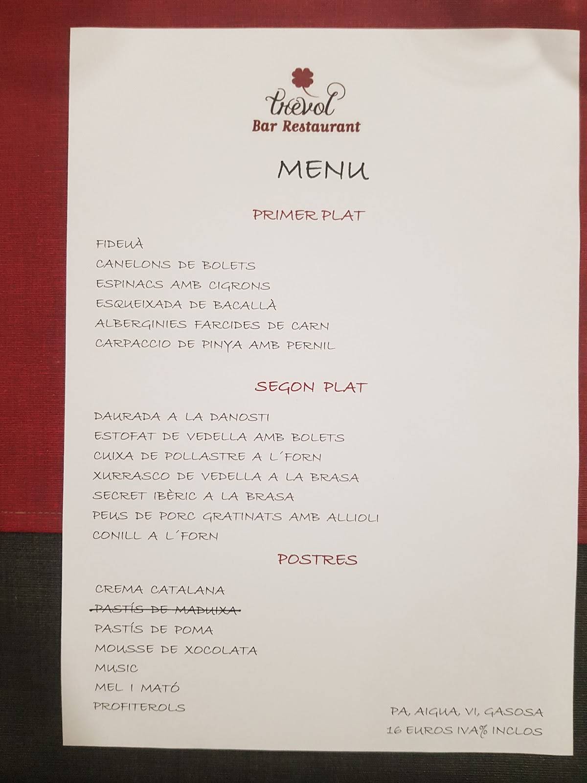 Bar Restaurant Trevol меню