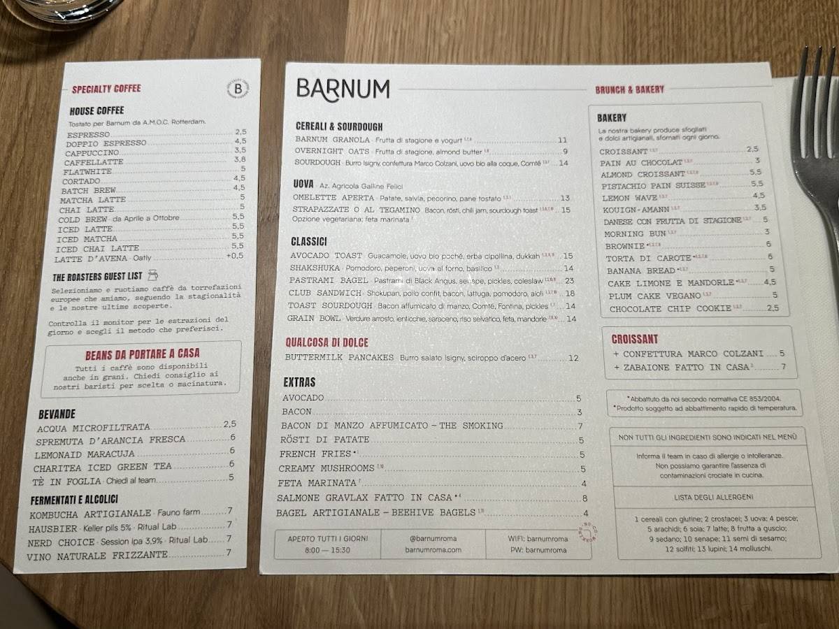 Barnum Roma меню