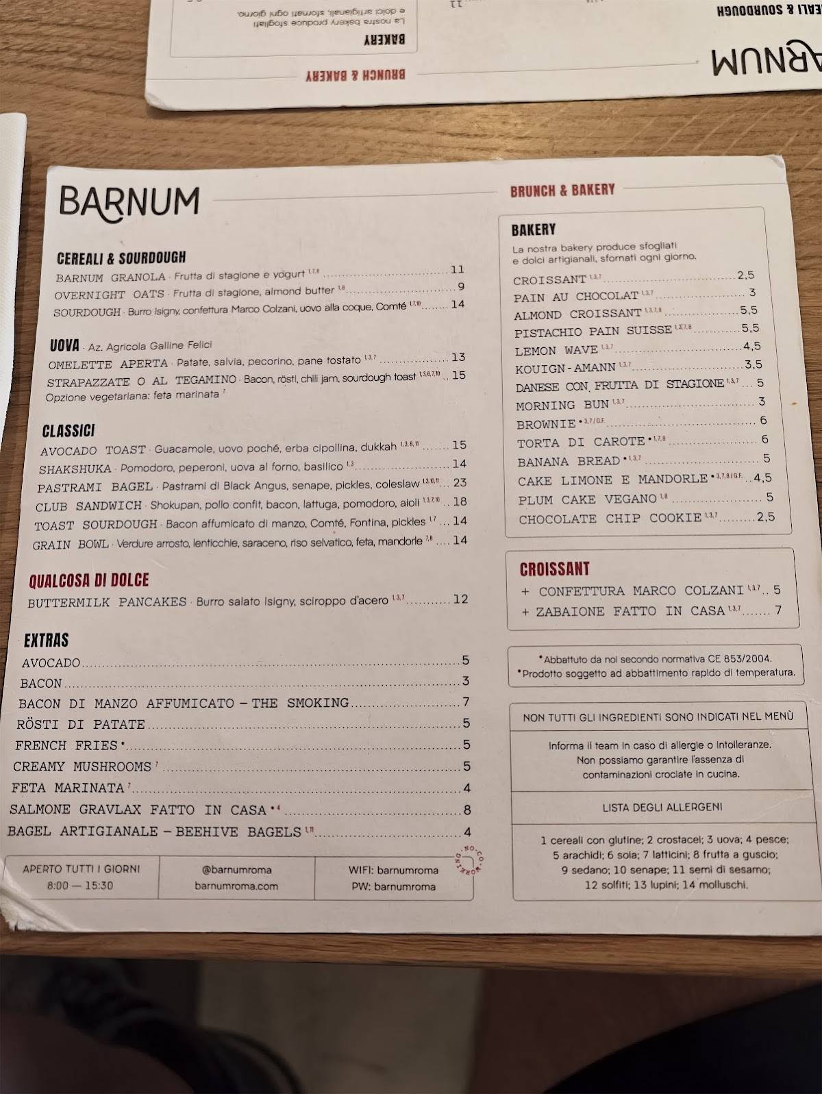 Barnum Roma меню