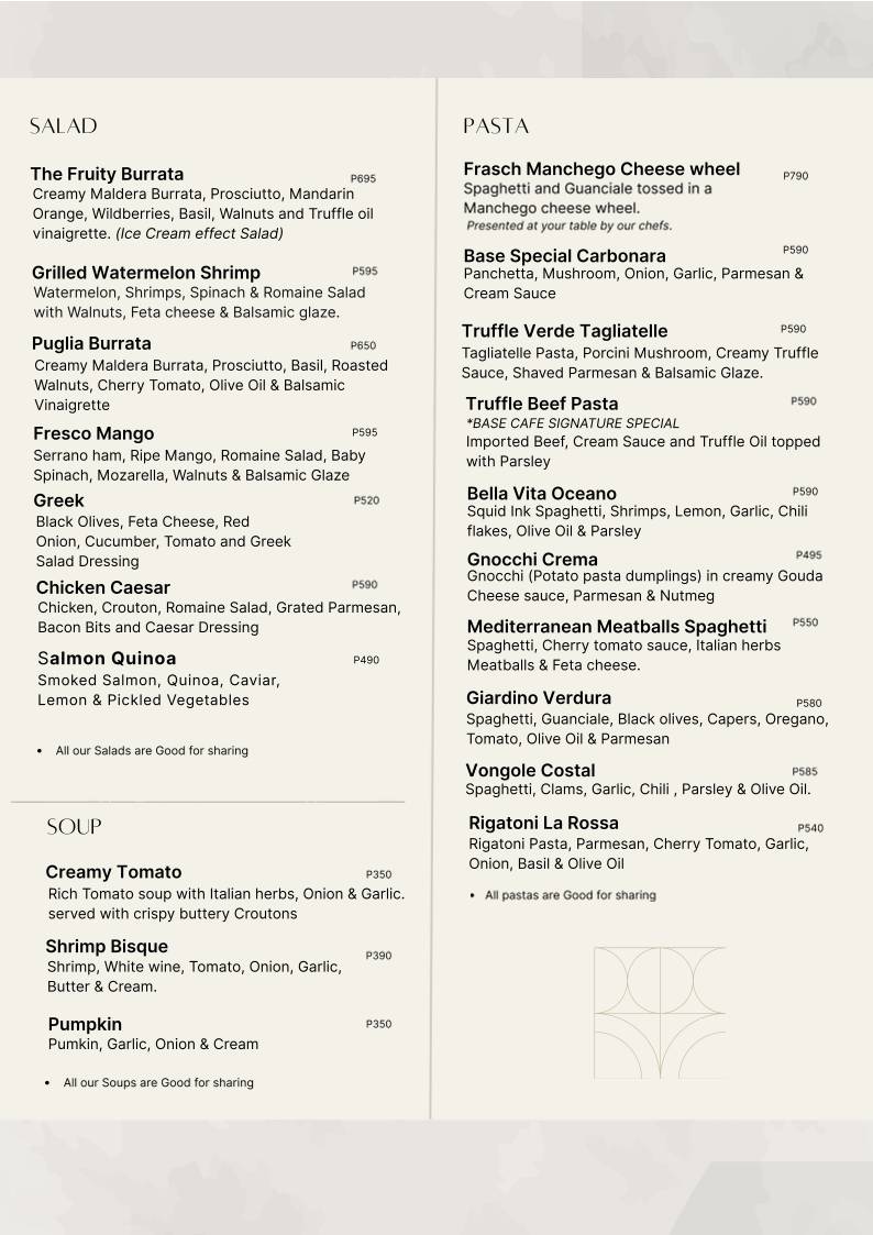 Base Cafe Steakhouse + Bar меню