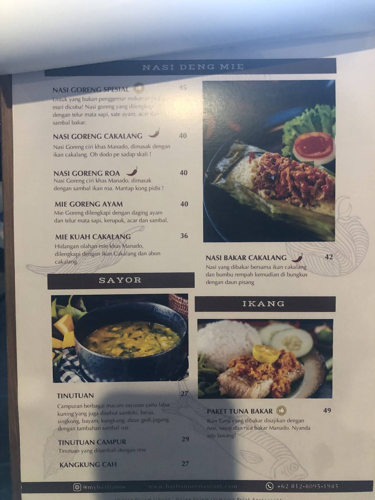 Bastianos Manado Cuisine Restaurant меню