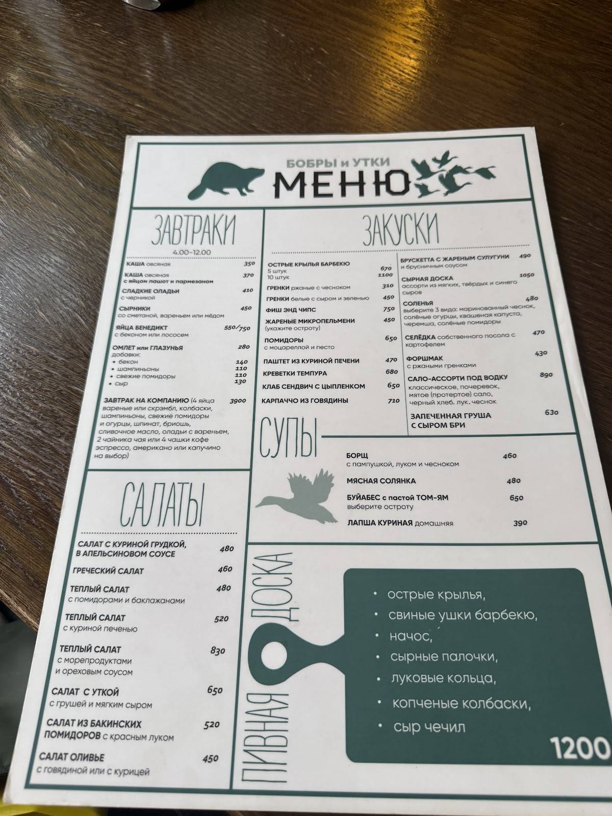 Бобры и утки меню