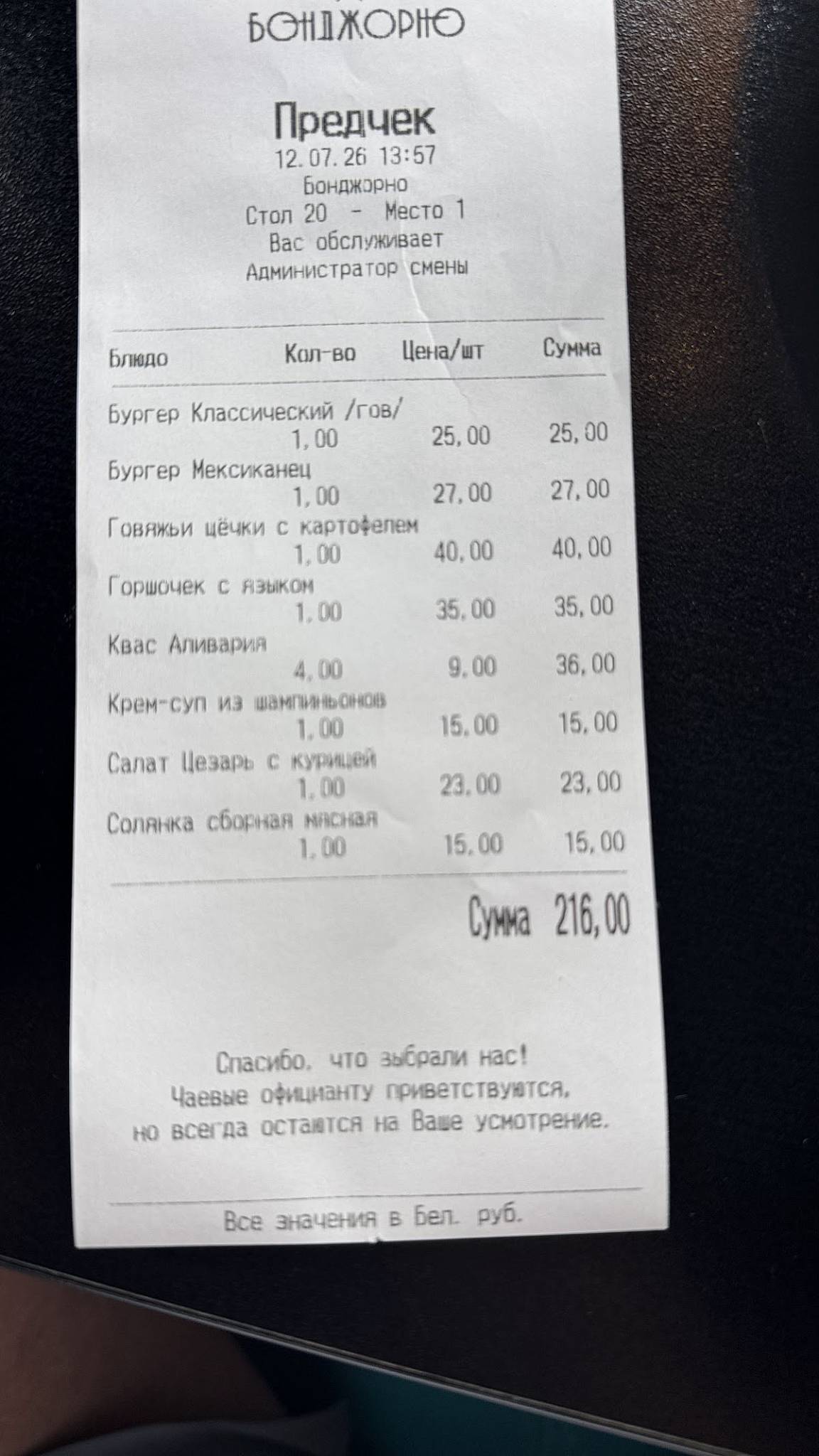 Бонджорно меню