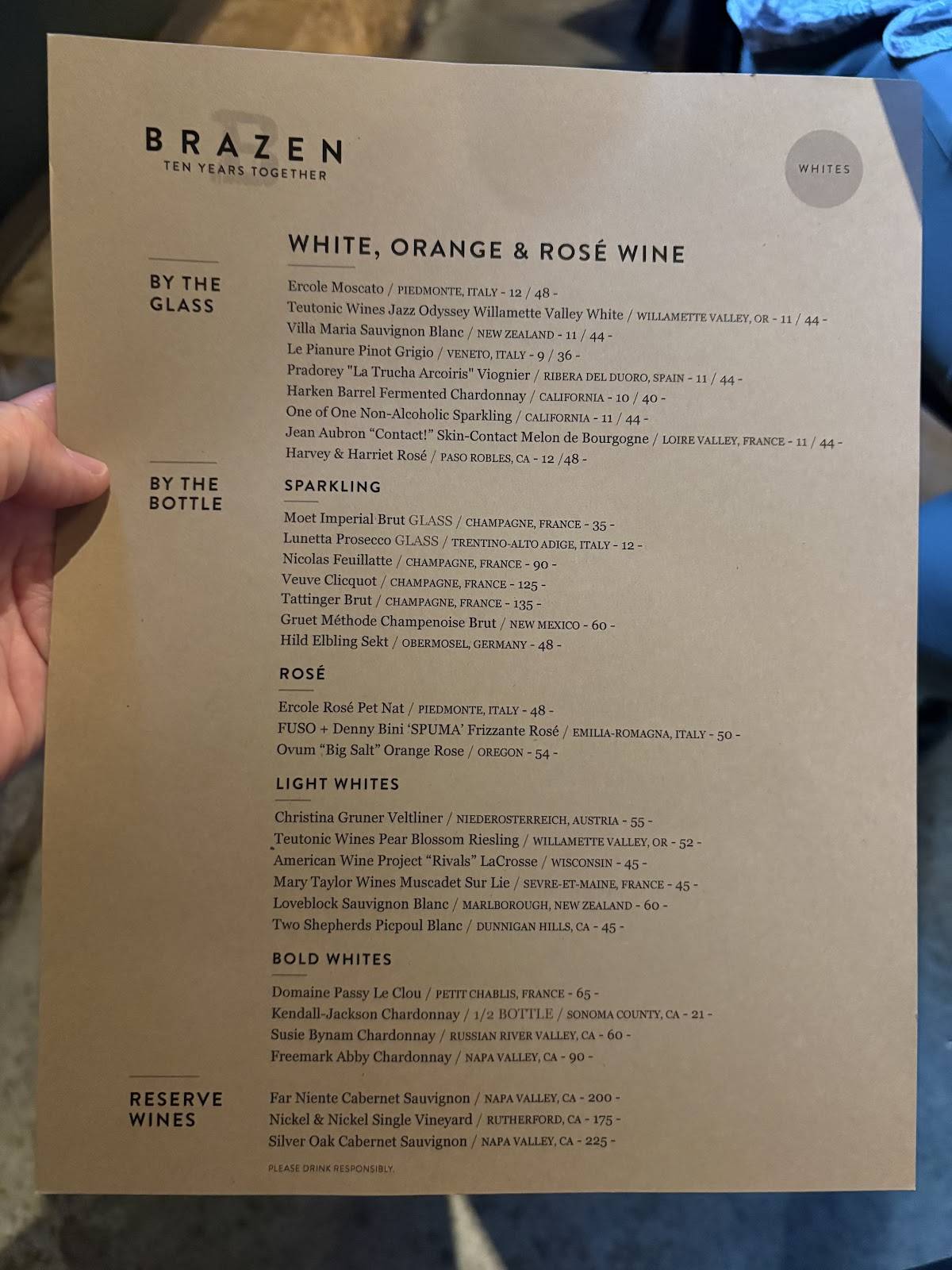 Brazen Open Kitchen Bar меню