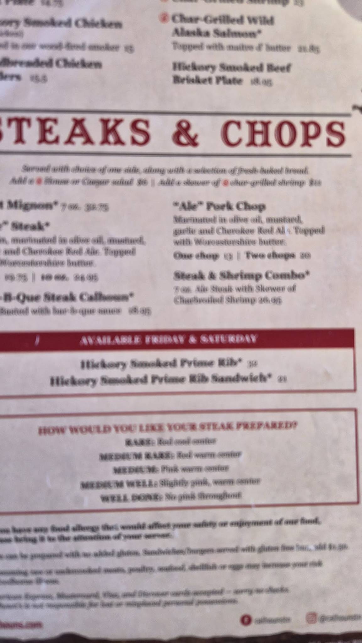 Calhoun's меню
