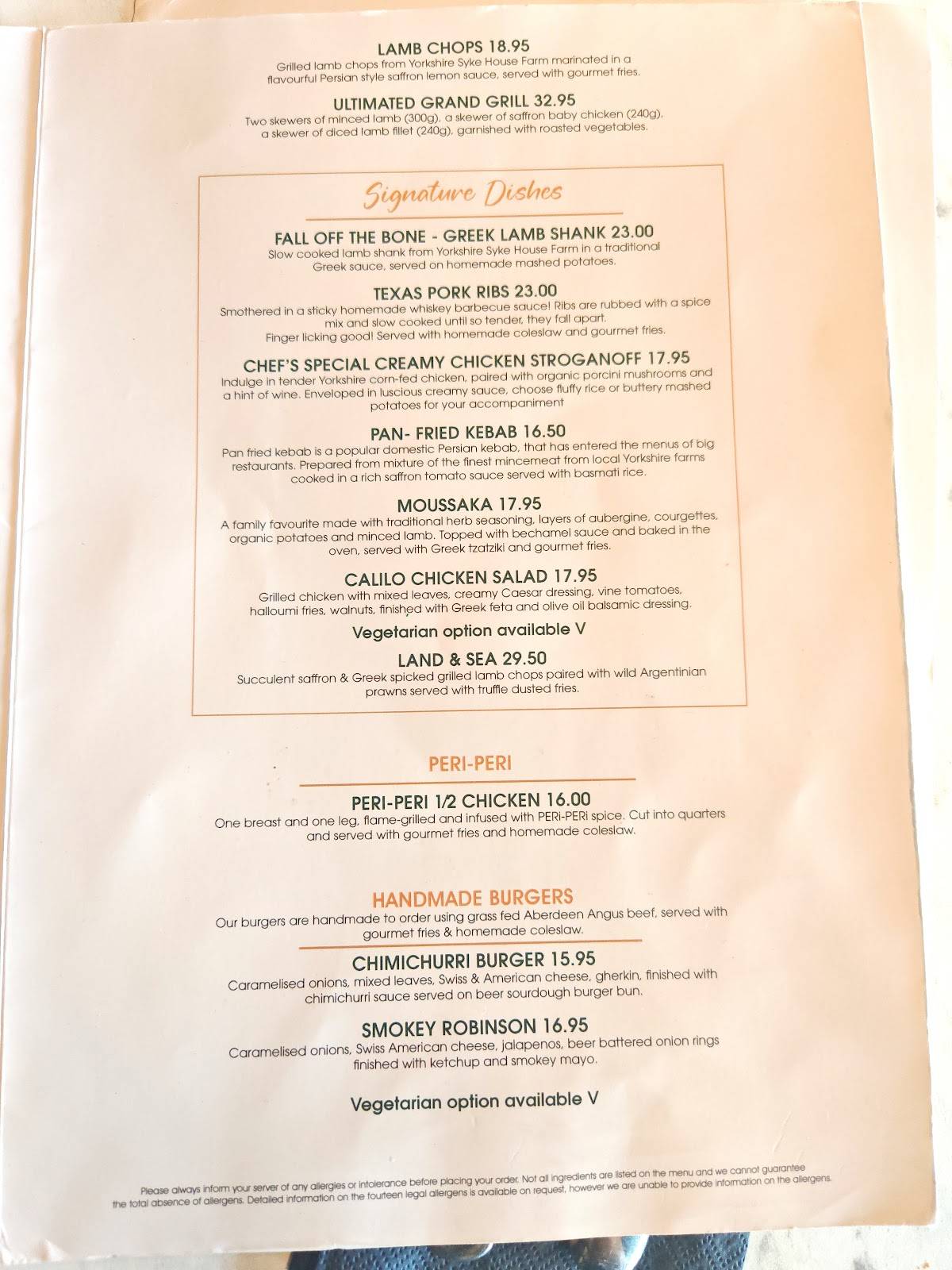 Calilo (Bar & Grill) меню