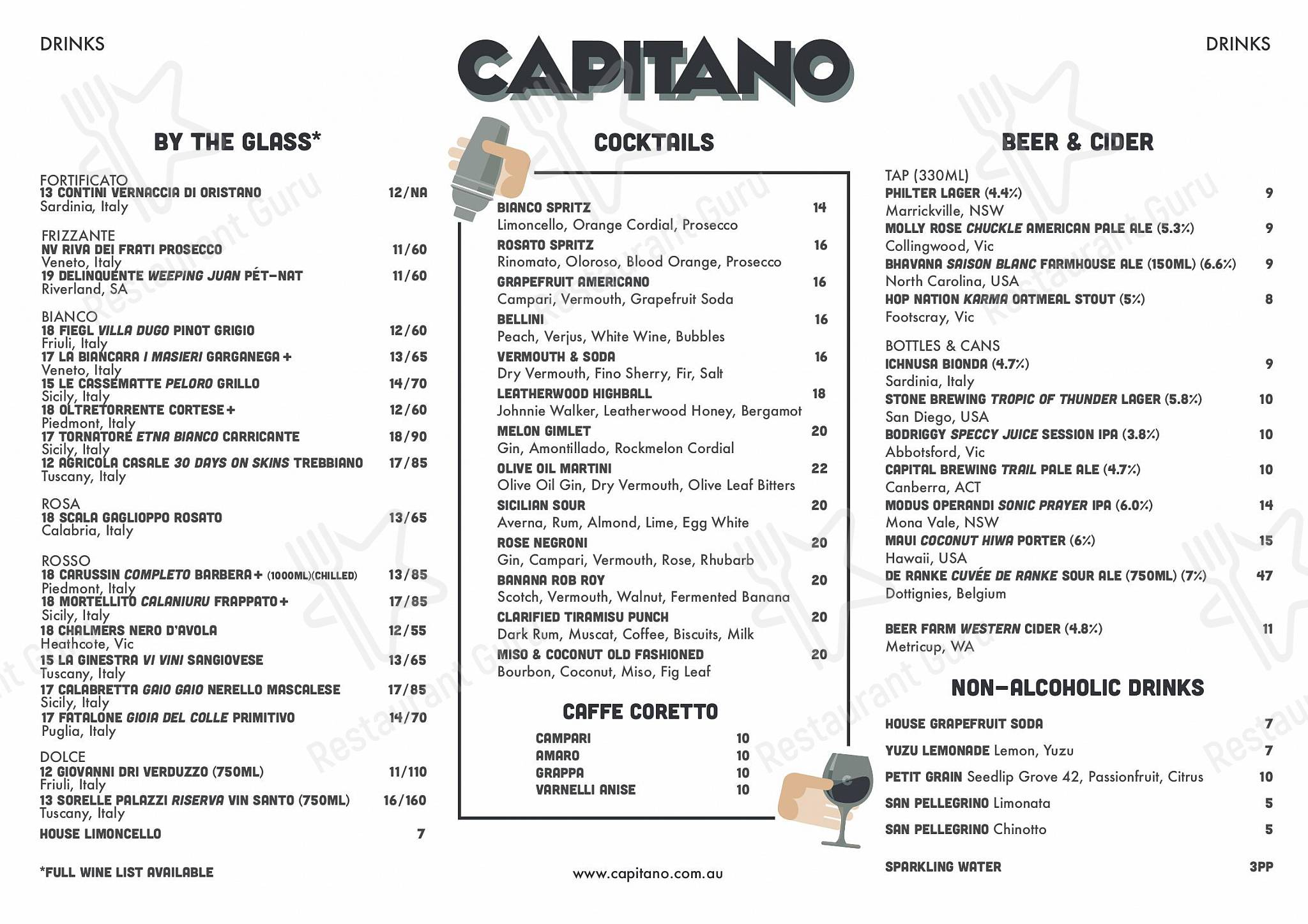 Меню паба и бара Capitano Carlton - Drink menu