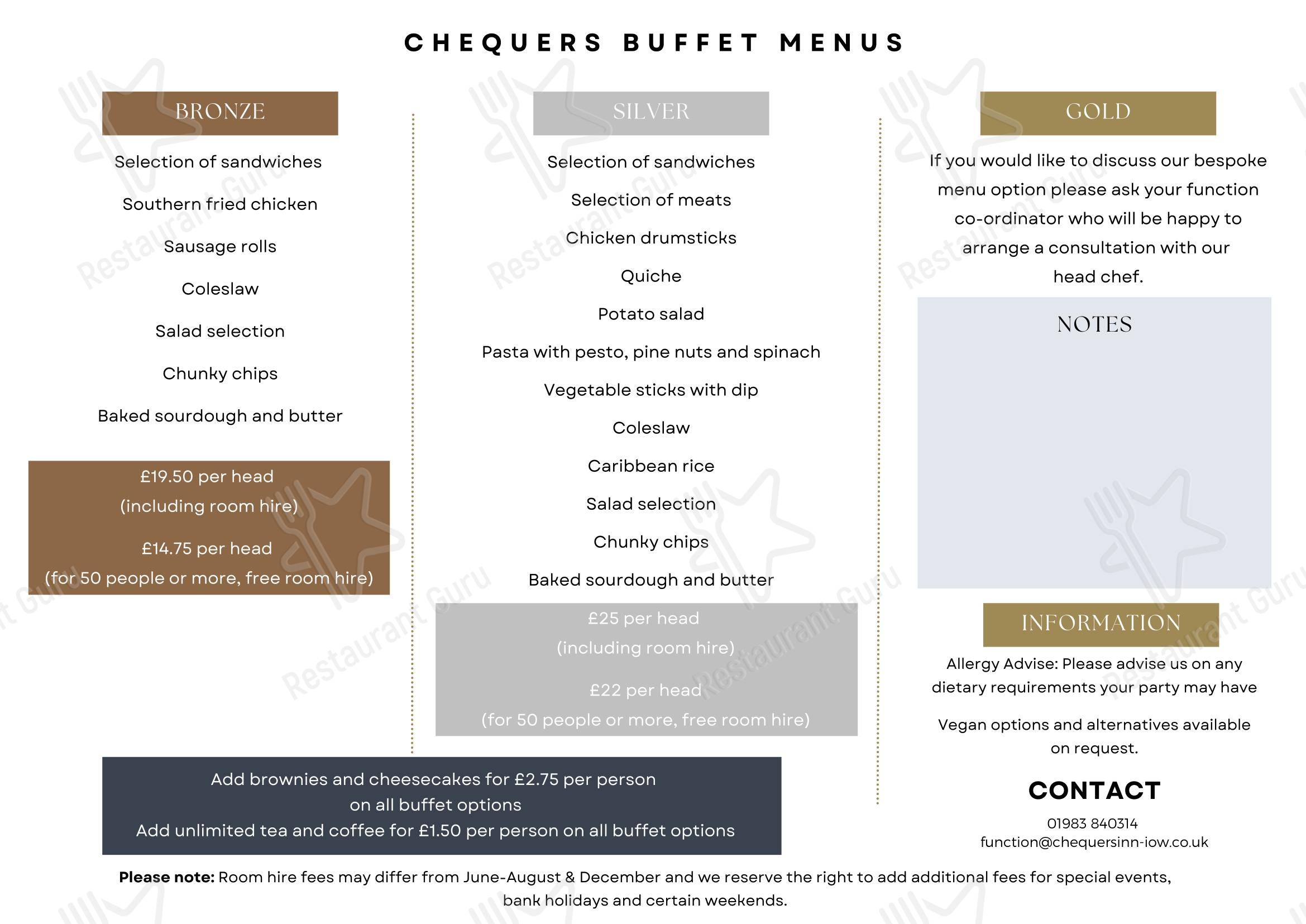 Меню паба и бара Chequers Inn в Вентноре