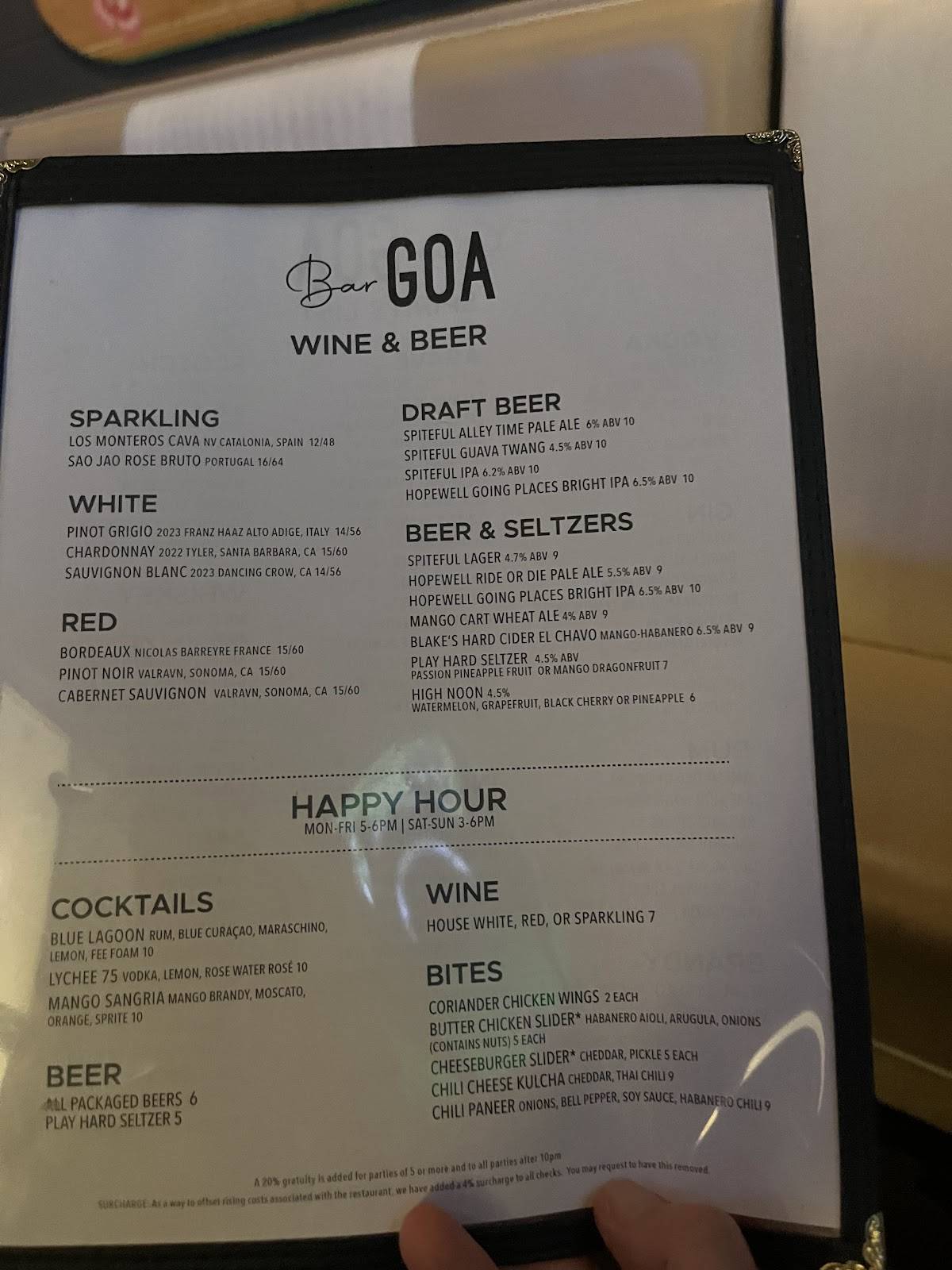 Bar Goa меню