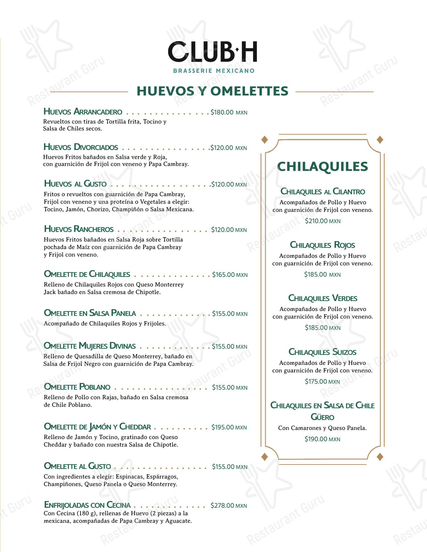 菜单 ресторана Club H Restaurante Bar в Тихуане