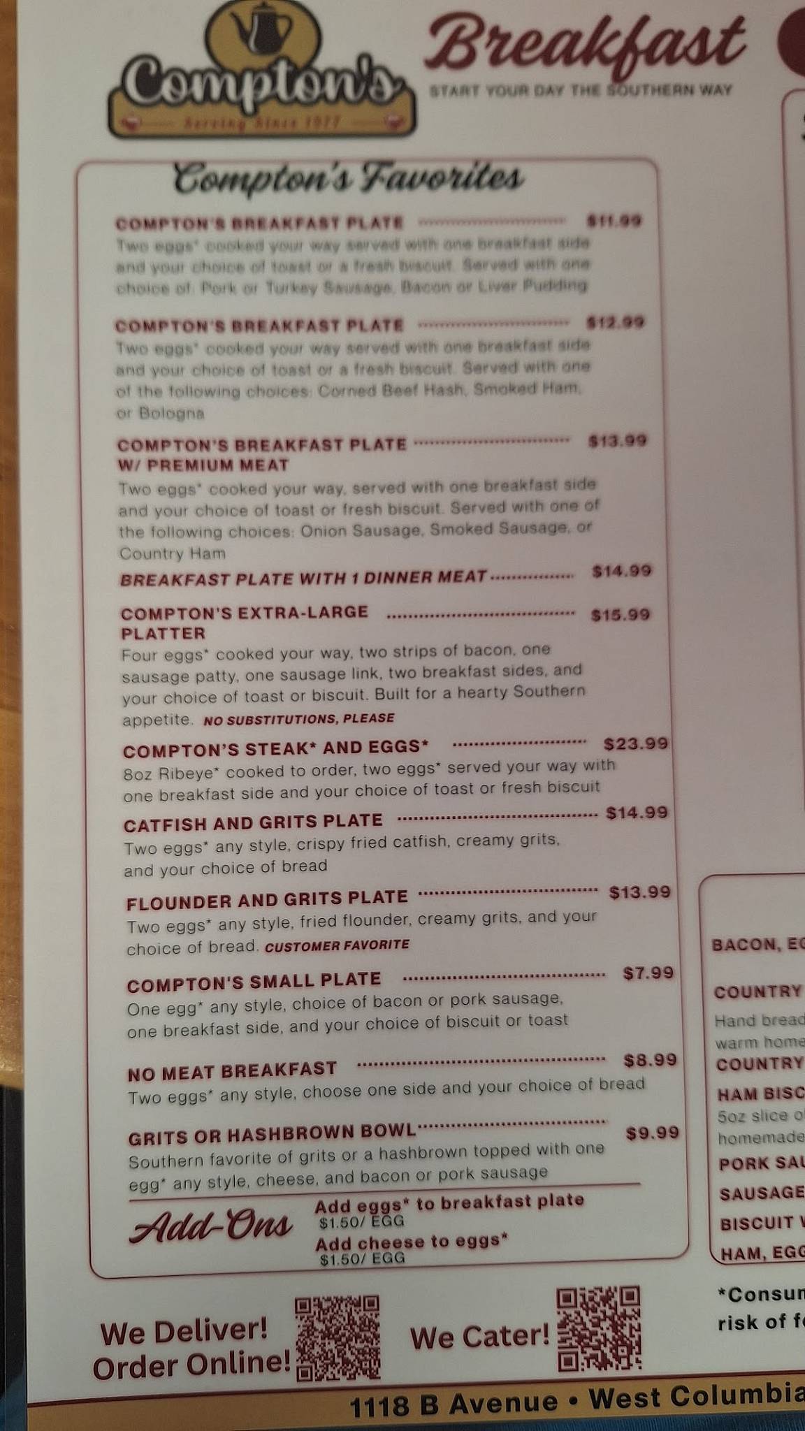 Compton's Kitchen меню