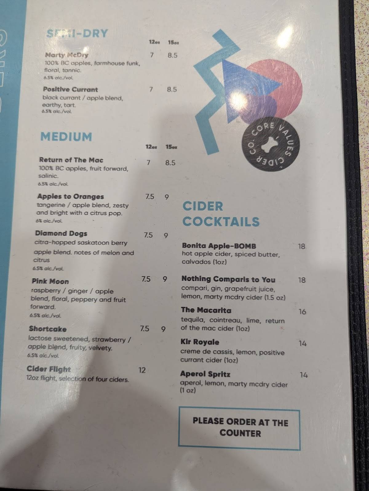 Core Values Cider Co. меню