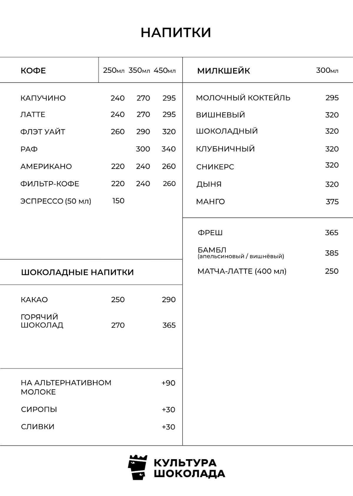 Культура шоколада меню