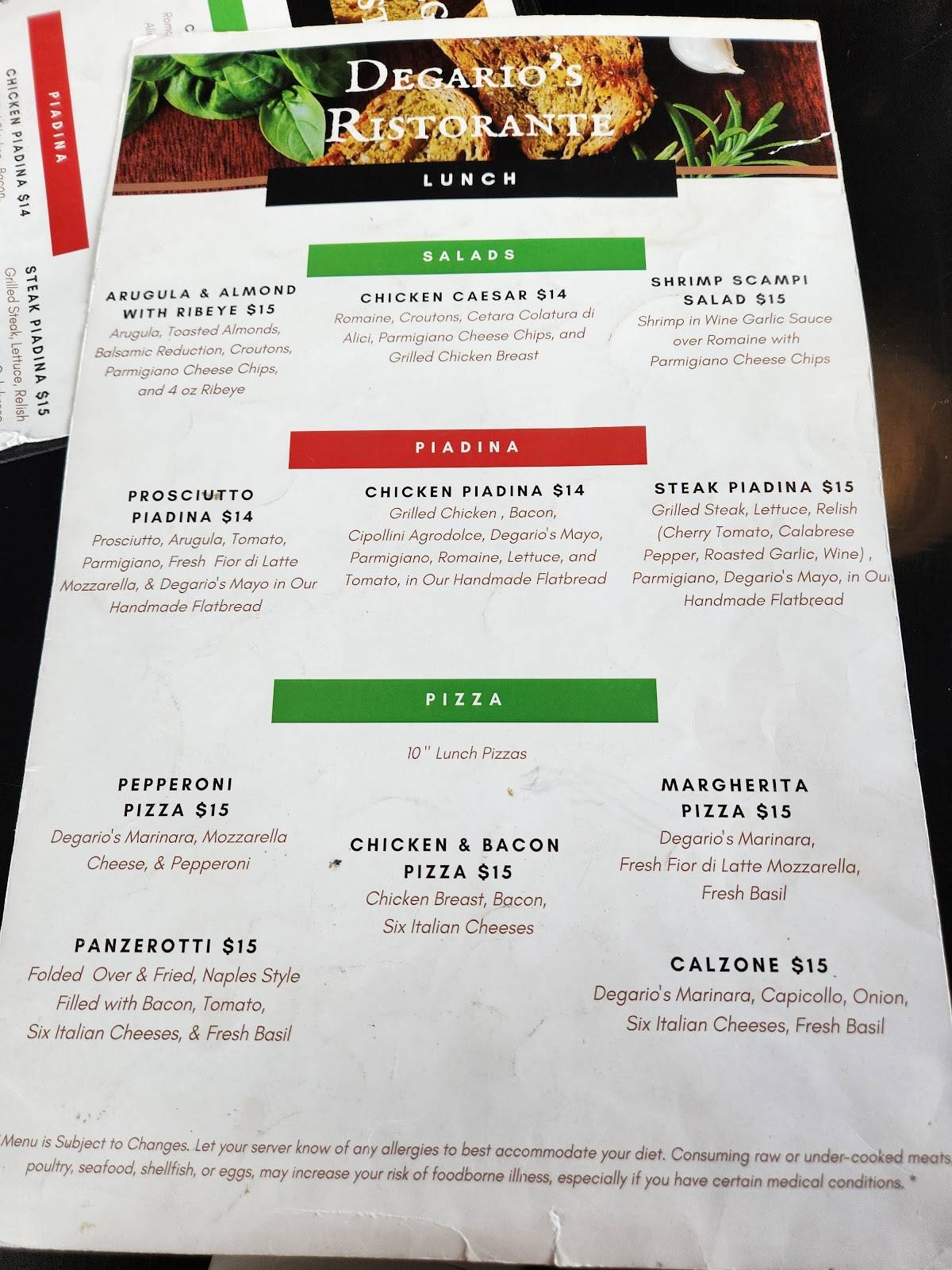 Degarios Italian Ristorante меню