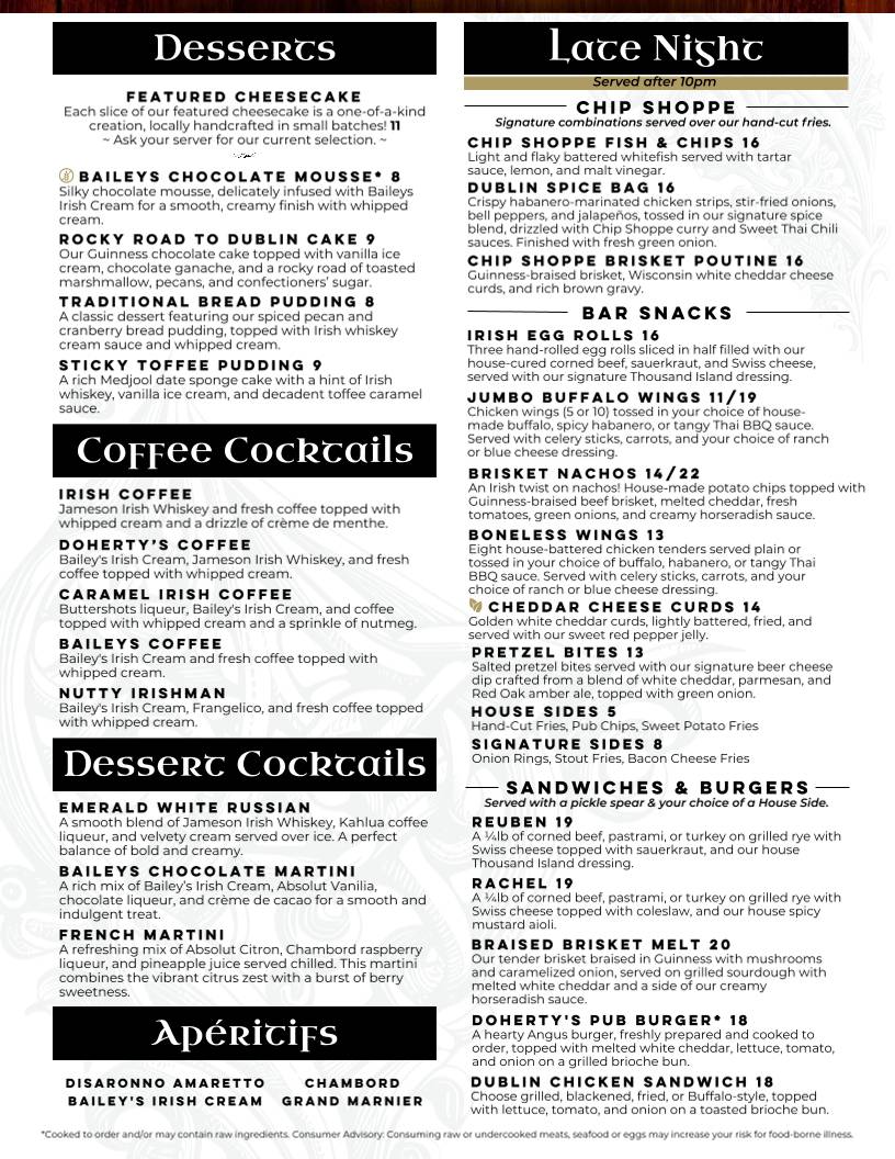 Doherty's Irish Pub & Restaurant меню