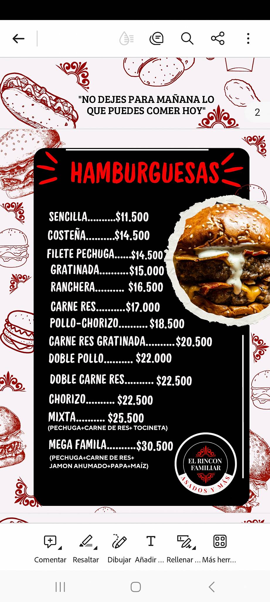 El Rincon Familiar меню