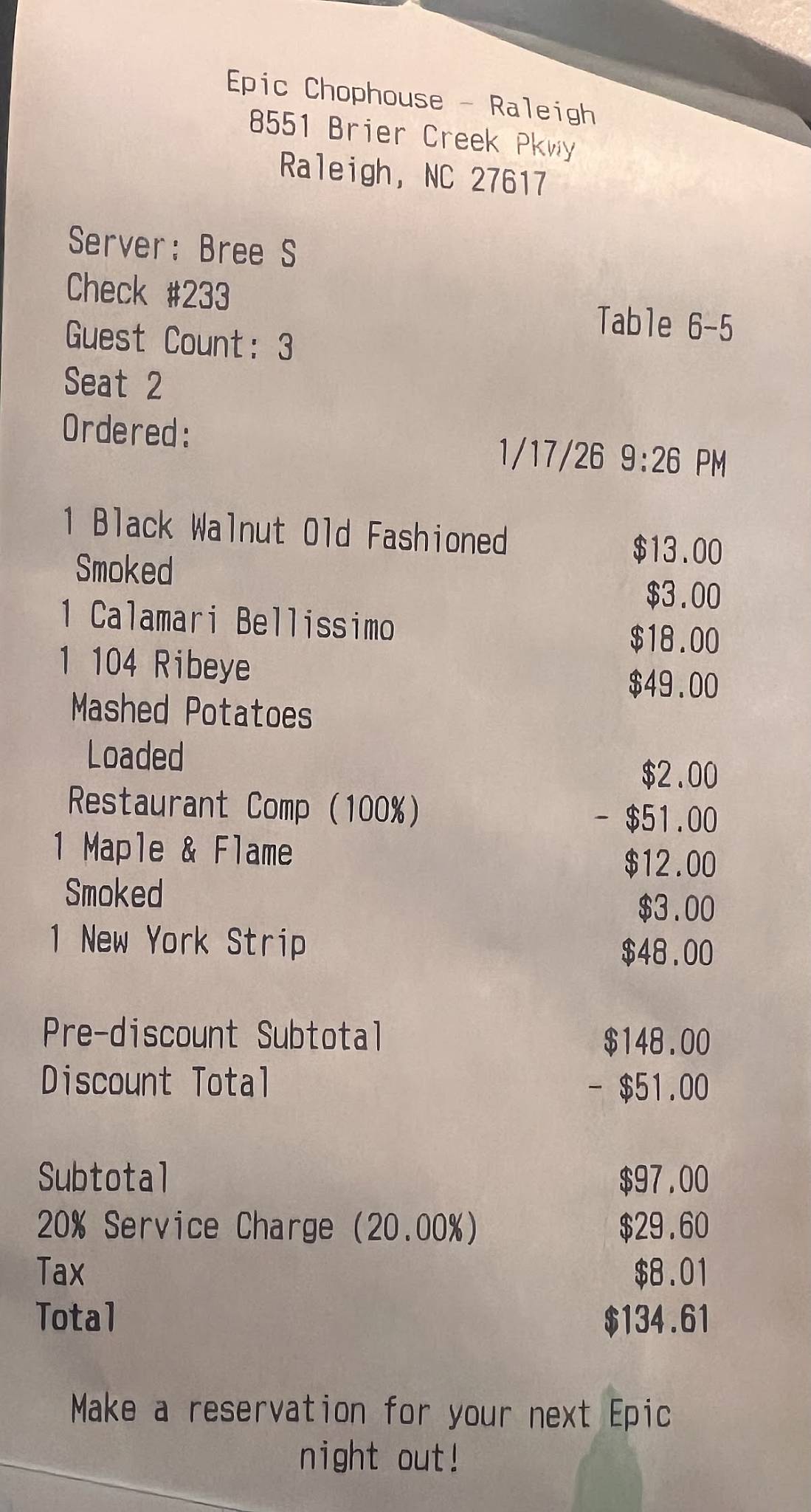 Epic Chophouse Raleigh меню