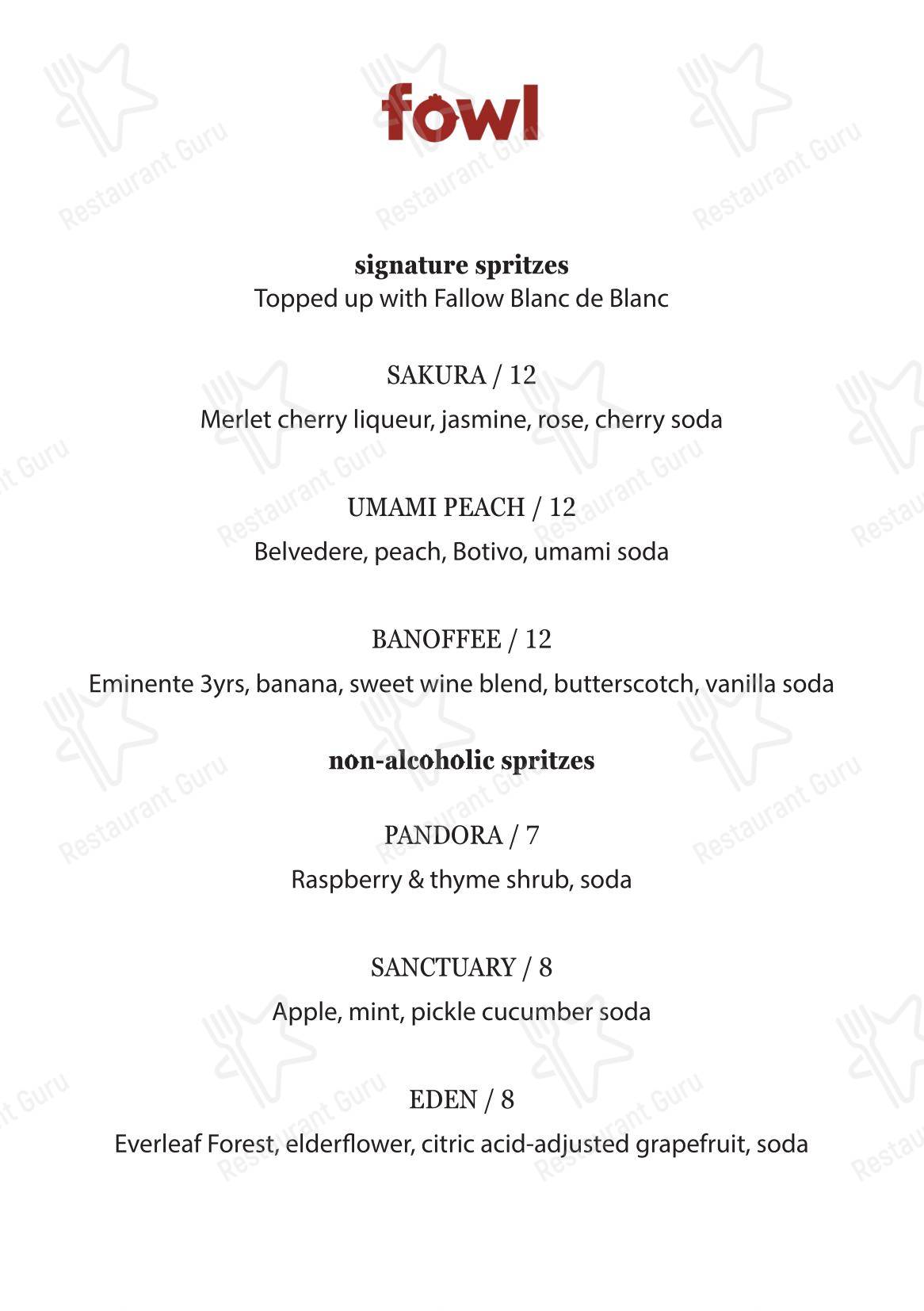 Меню ресторана Fowl by the Fallow Chefs - Wine Menu