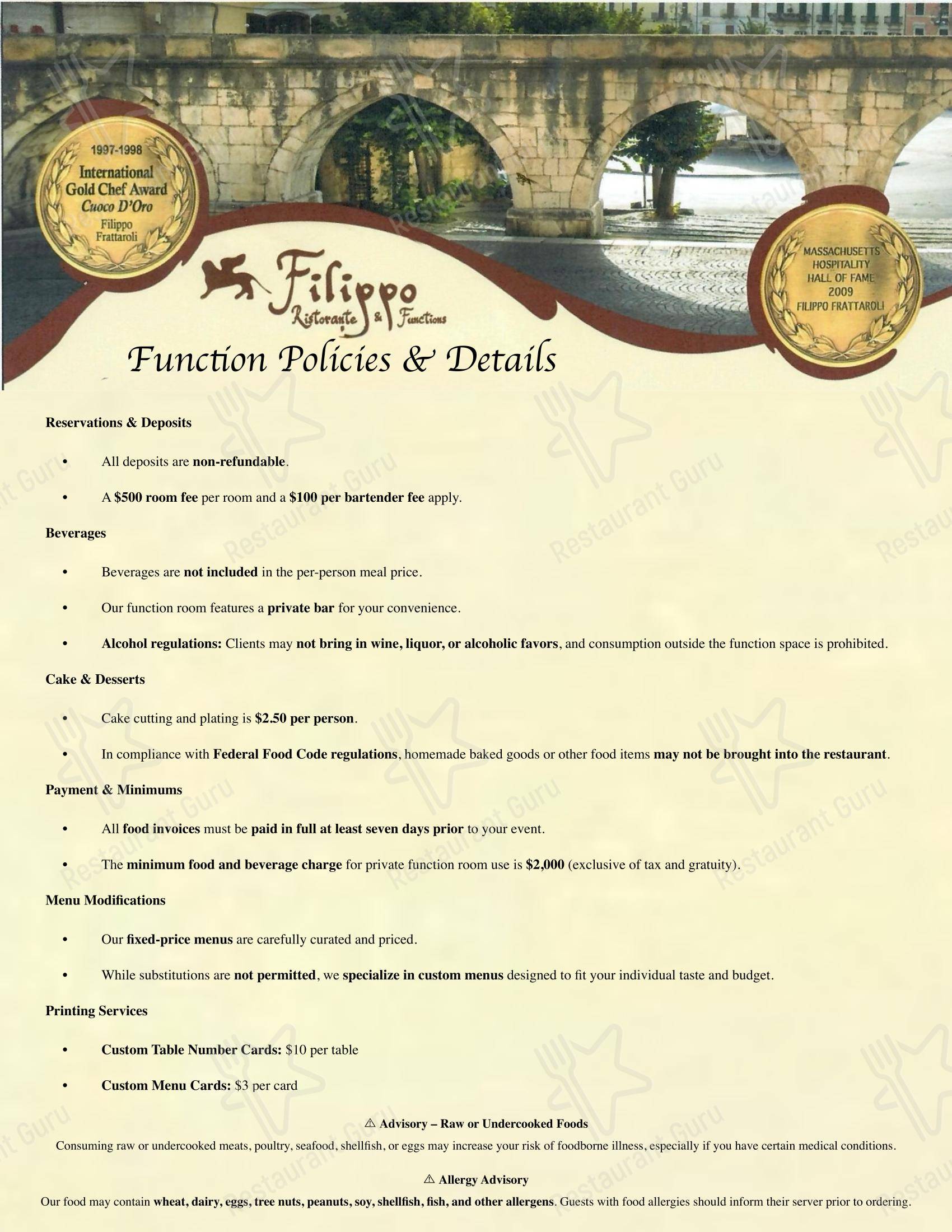 Меню напитков ресторана Filippo Ristorante & Bar