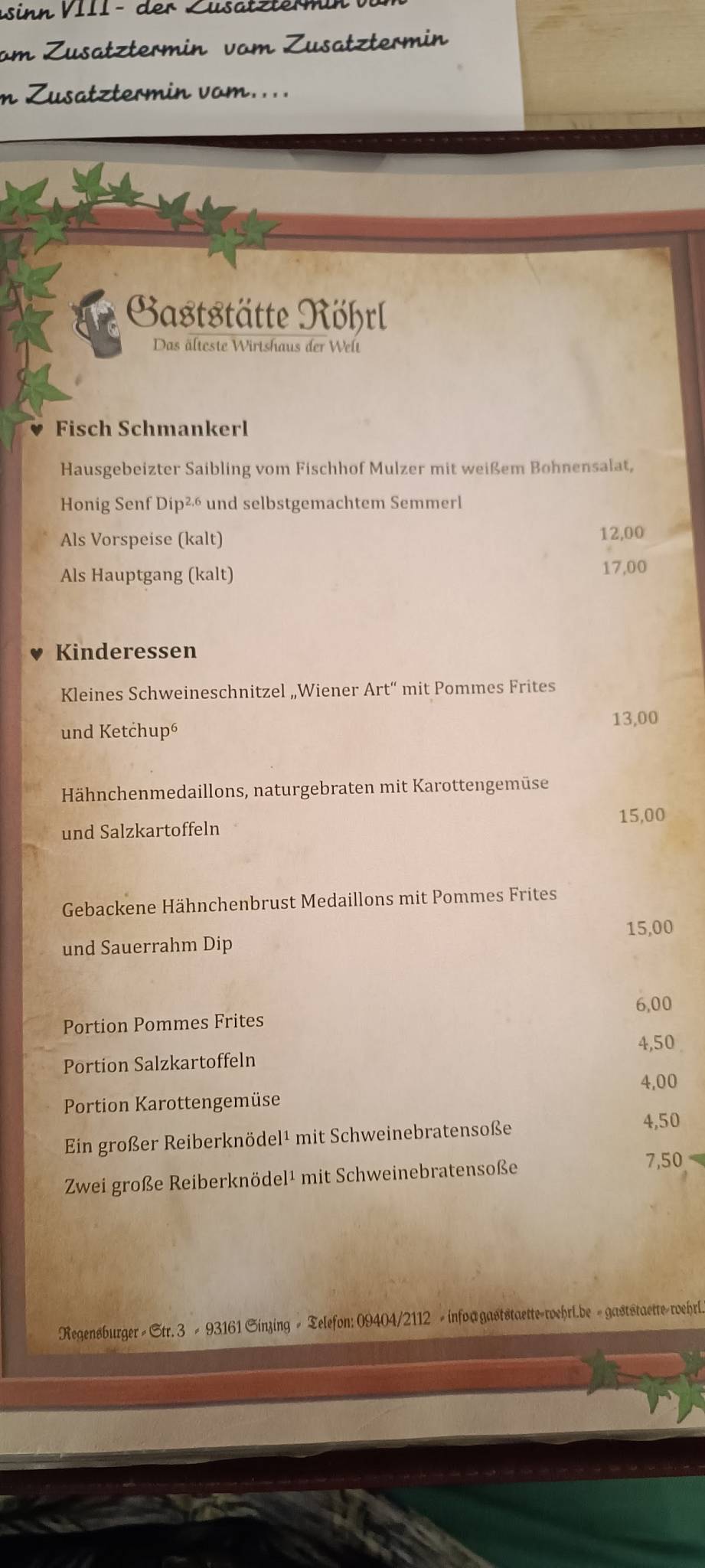 Gaststätte Röhrl меню