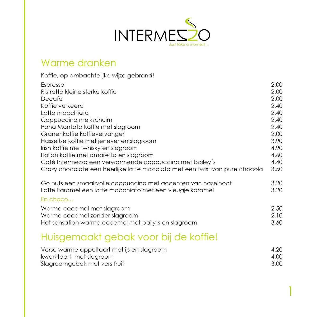 Intermezzo eetcafé меню