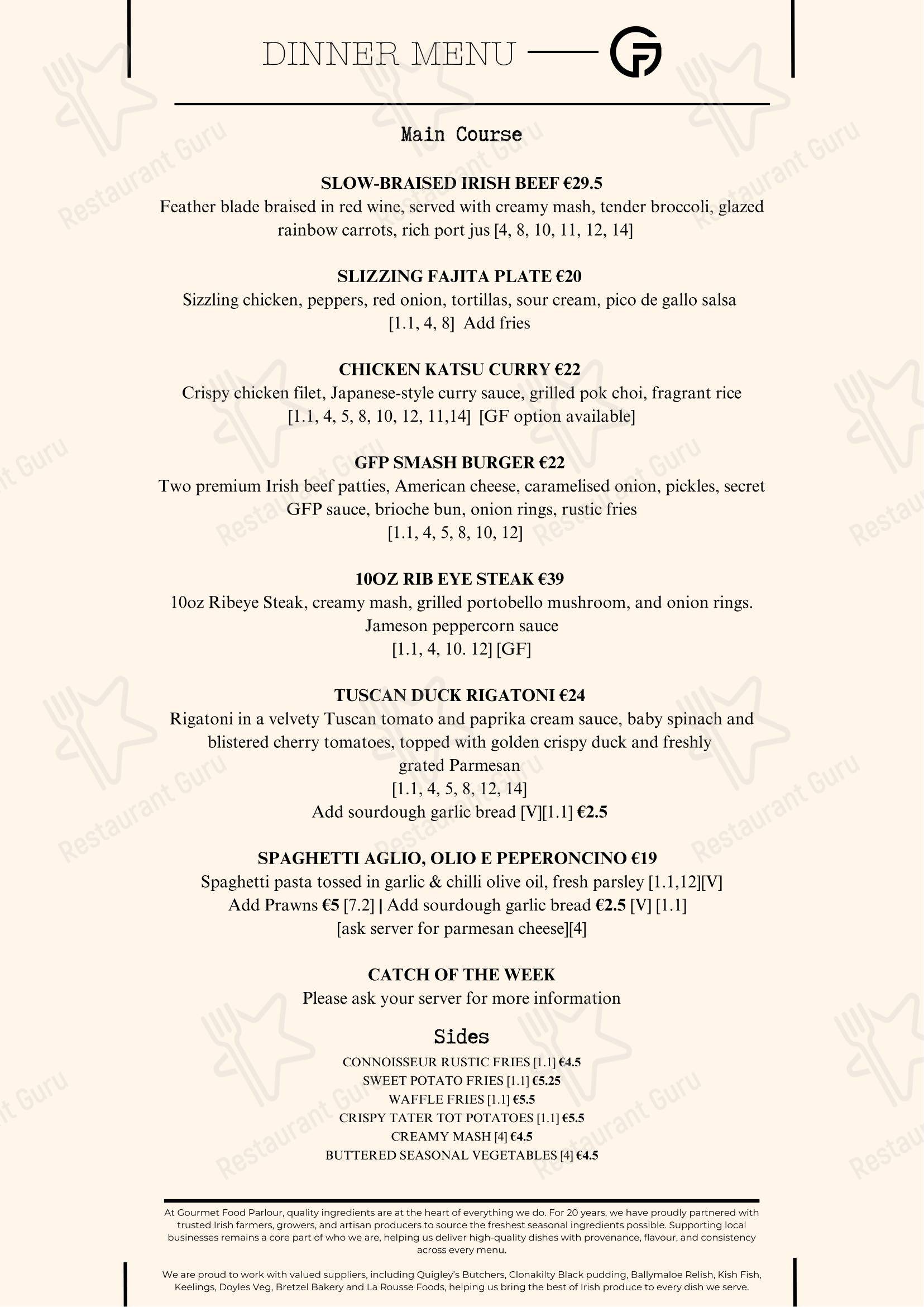 Меню для посетителей ресторана Gourmet Food Parlour Dunshaughlin