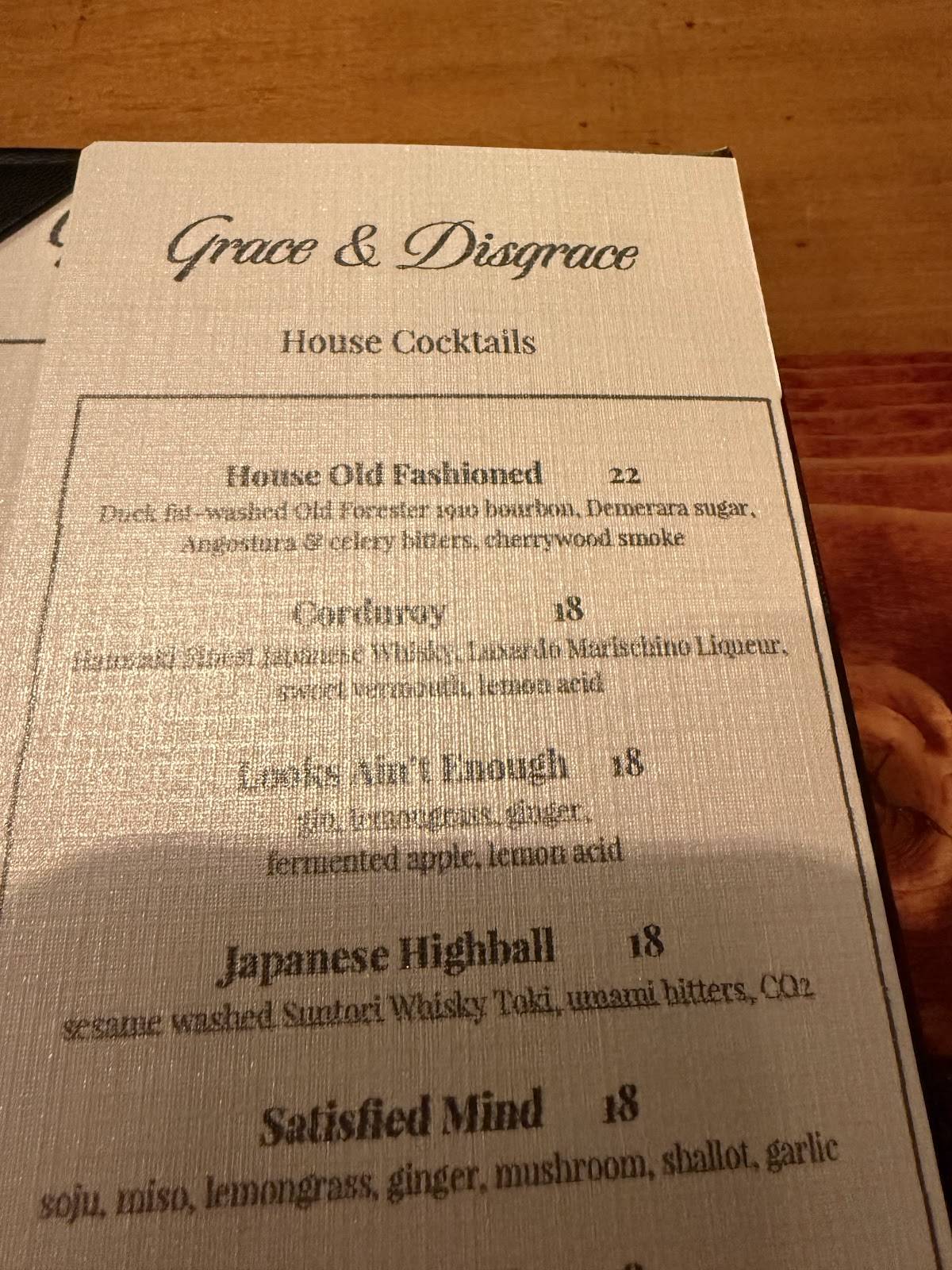 Grace & Disgrace меню