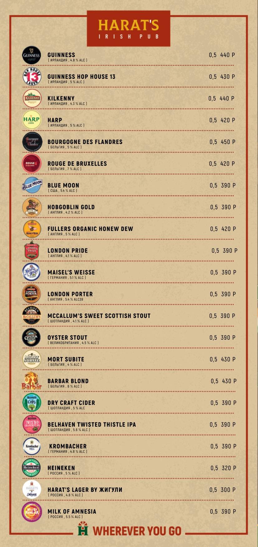 Harat's pub меню