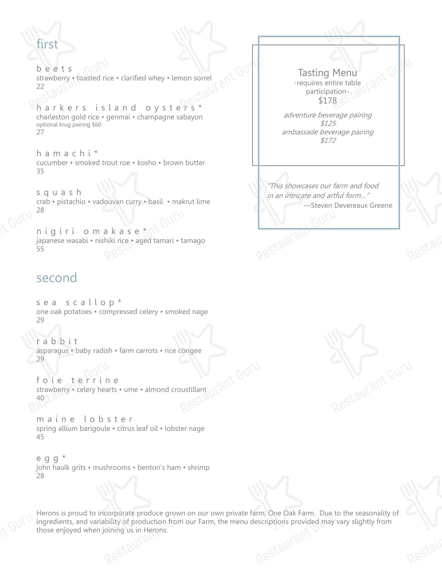 Menu Dinner ресторана Herons в Кэри