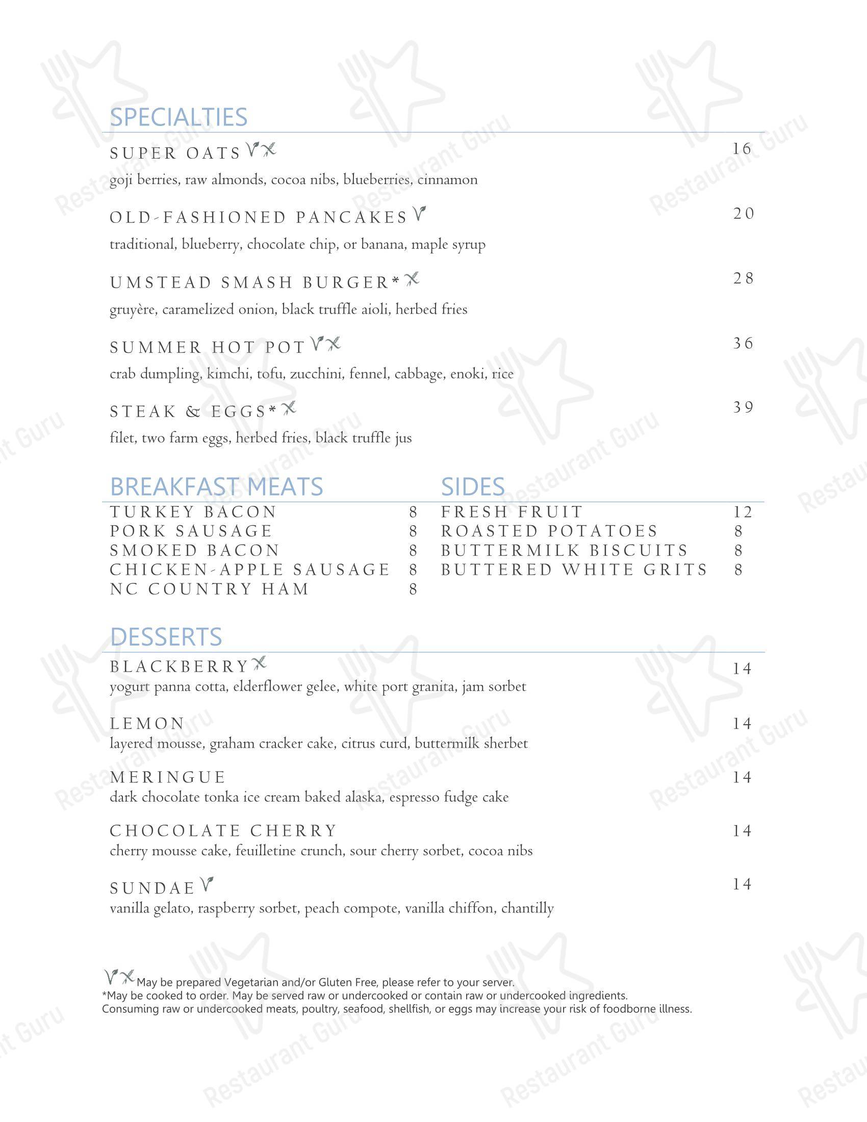 Меню ресторана Herons - Sunday Lunch Sample Menu